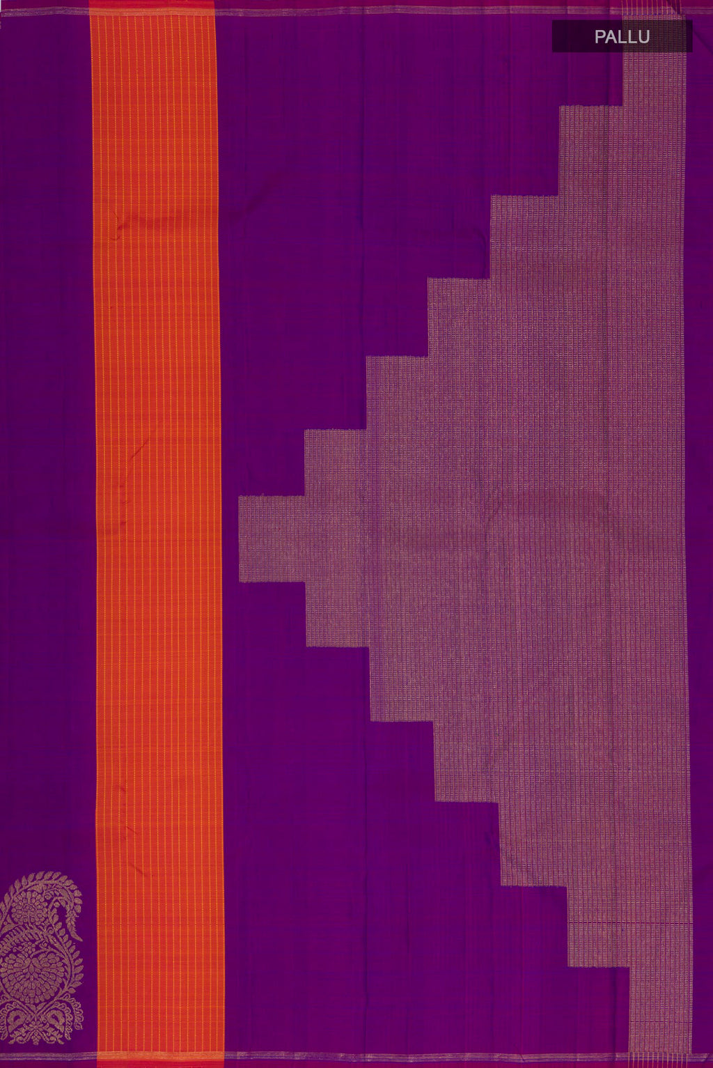 Close up image of the pallu of Pure Silk Pure Zari Multi Color Kanchipuram Saree with Stripes on the body and Thin Zari Line. 
