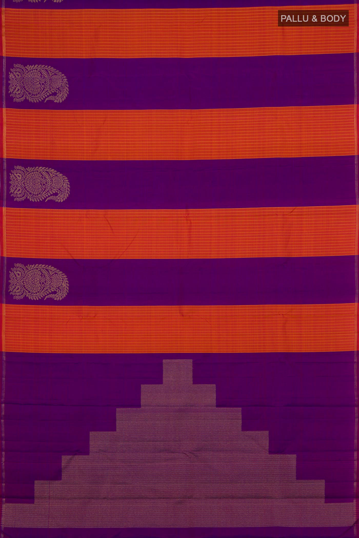 Flat view of Pure Silk Pure Zari Multi Color Kanchipuram Saree with Stripes on the body and Thin Zari Line. 