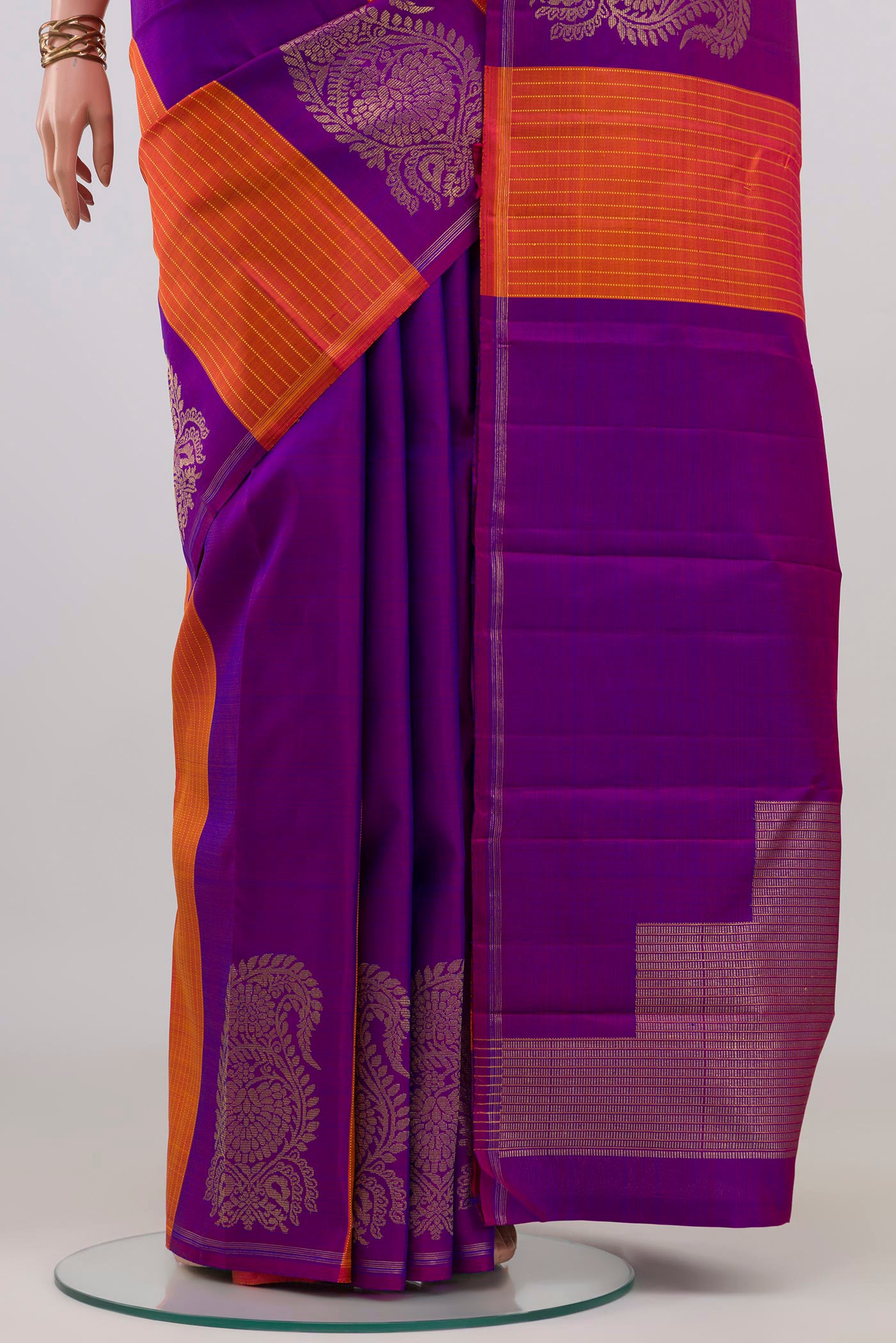 Pleats and pallu of Pure Silk Pure Zari Multi Color Kanchipuram Saree with Stripes on the body and Thin Zari Line. 