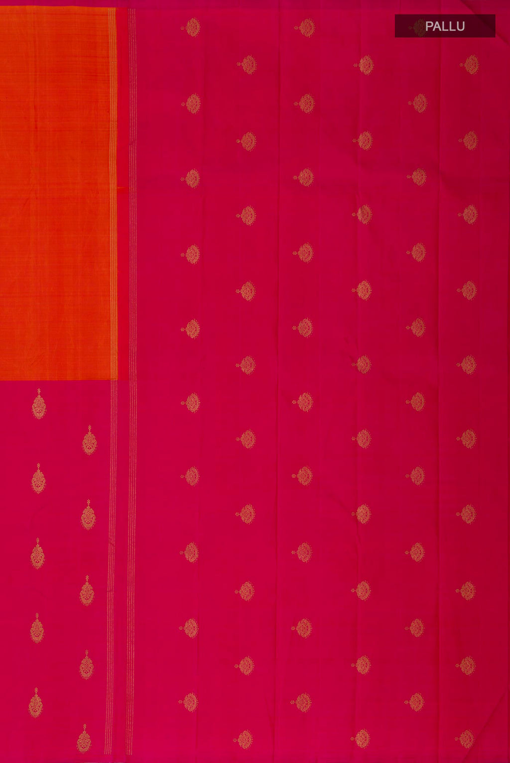 Close up image of the pallu of Pure Silk Pure Zari Multi Color Kanchipuram Saree with Half And Half on the body and Without Border. 