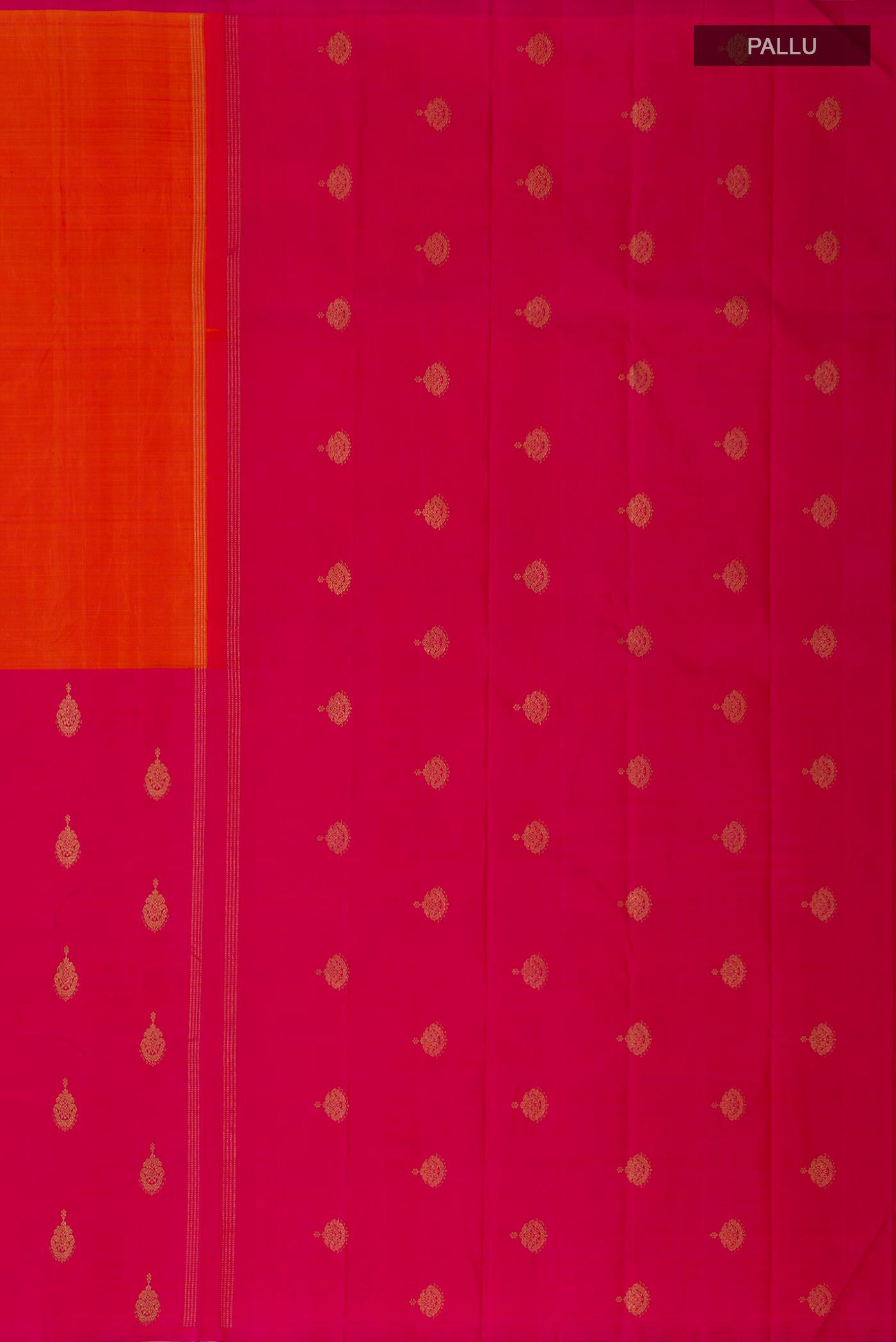 Close up image of the pallu of Pure Silk Pure Zari Multi Color Kanchipuram Saree with Half And Half on the body and Without Border. 