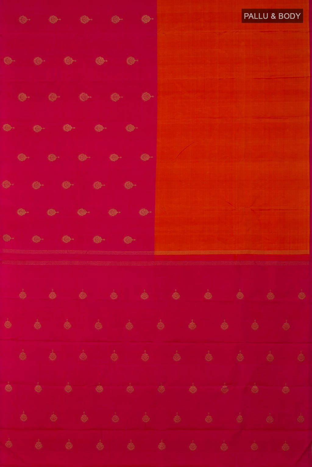 Flat view of Pure Silk Pure Zari Multi Color Kanchipuram Saree with Half And Half on the body and Without Border. 