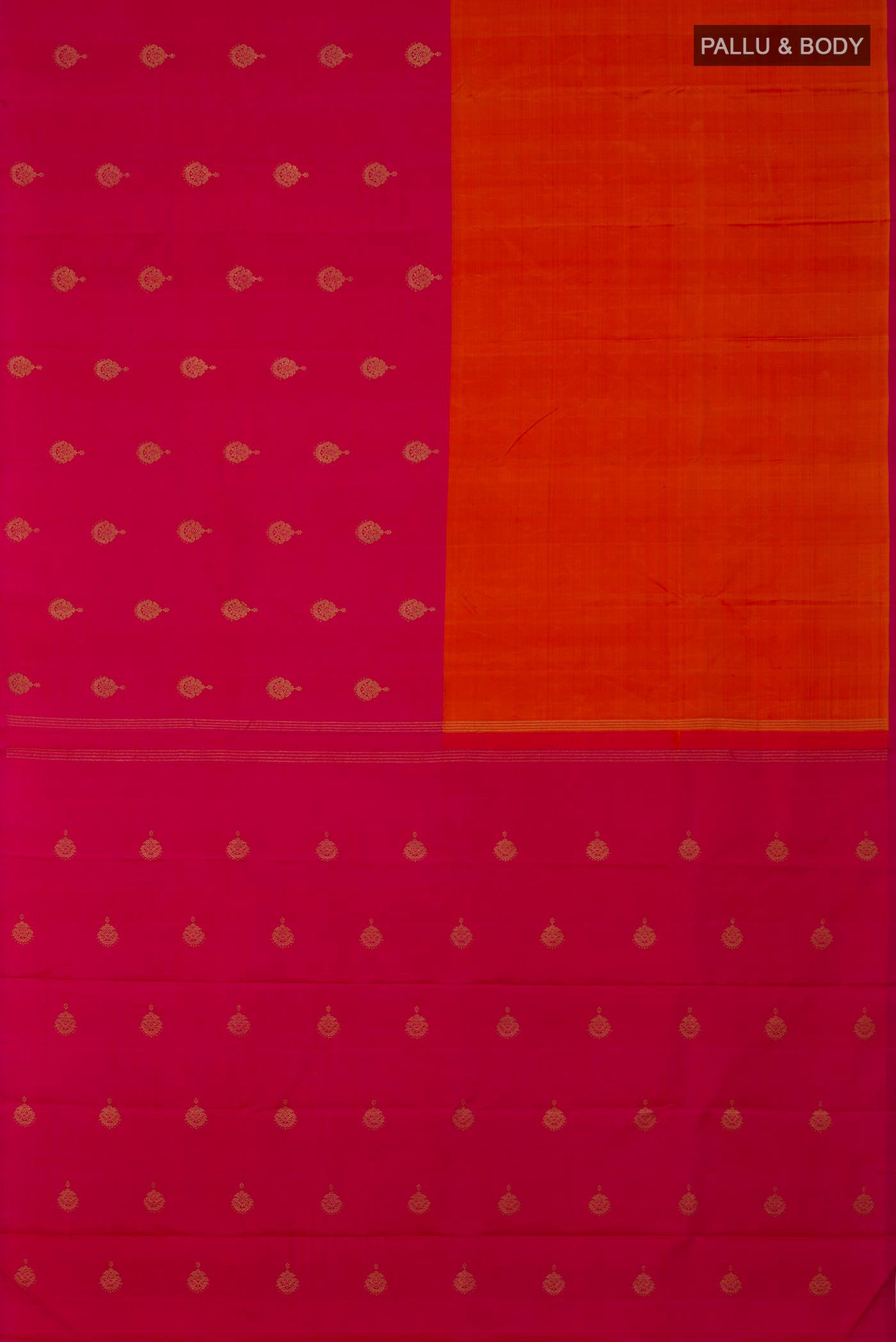 Flat view of Pure Silk Pure Zari Multi Color Kanchipuram Saree with Half And Half on the body and Without Border. 