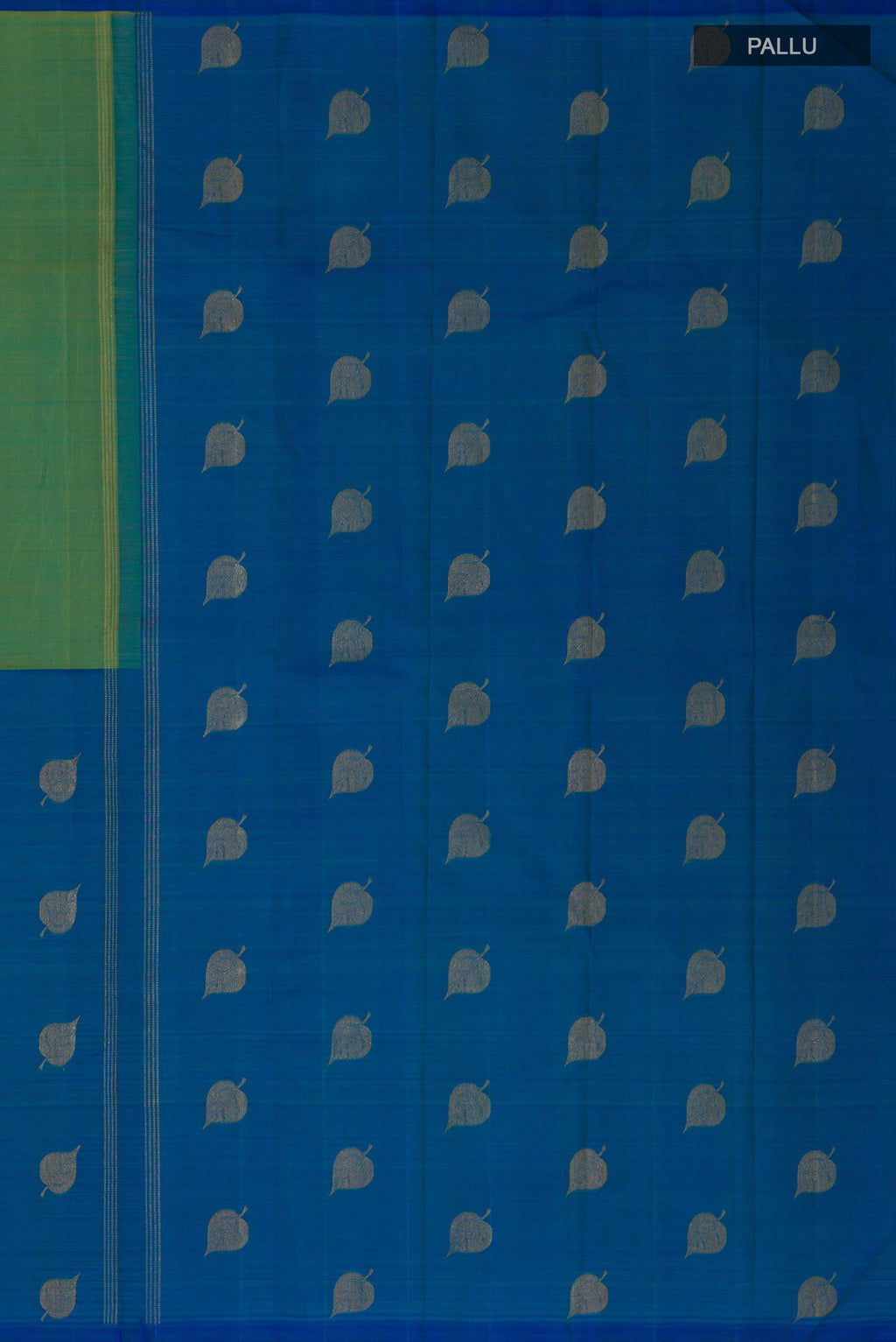 Close up image of the pallu of Pure Silk Pure Zari Multi Color Kanchipuram Saree with Half And Half on the body and Without Border. 