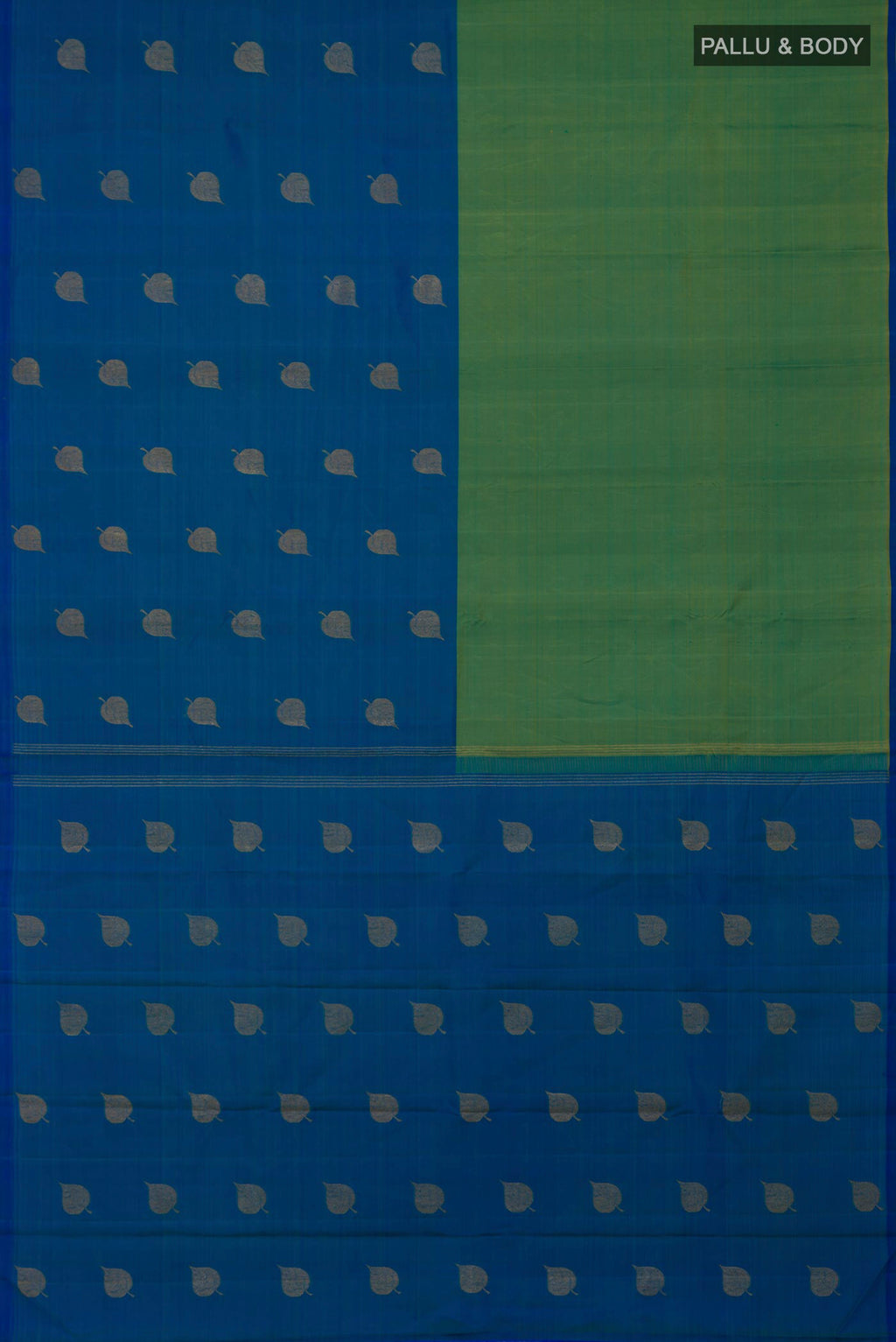 Flat view of Pure Silk Pure Zari Multi Color Kanchipuram Saree with Half And Half on the body and Without Border. 