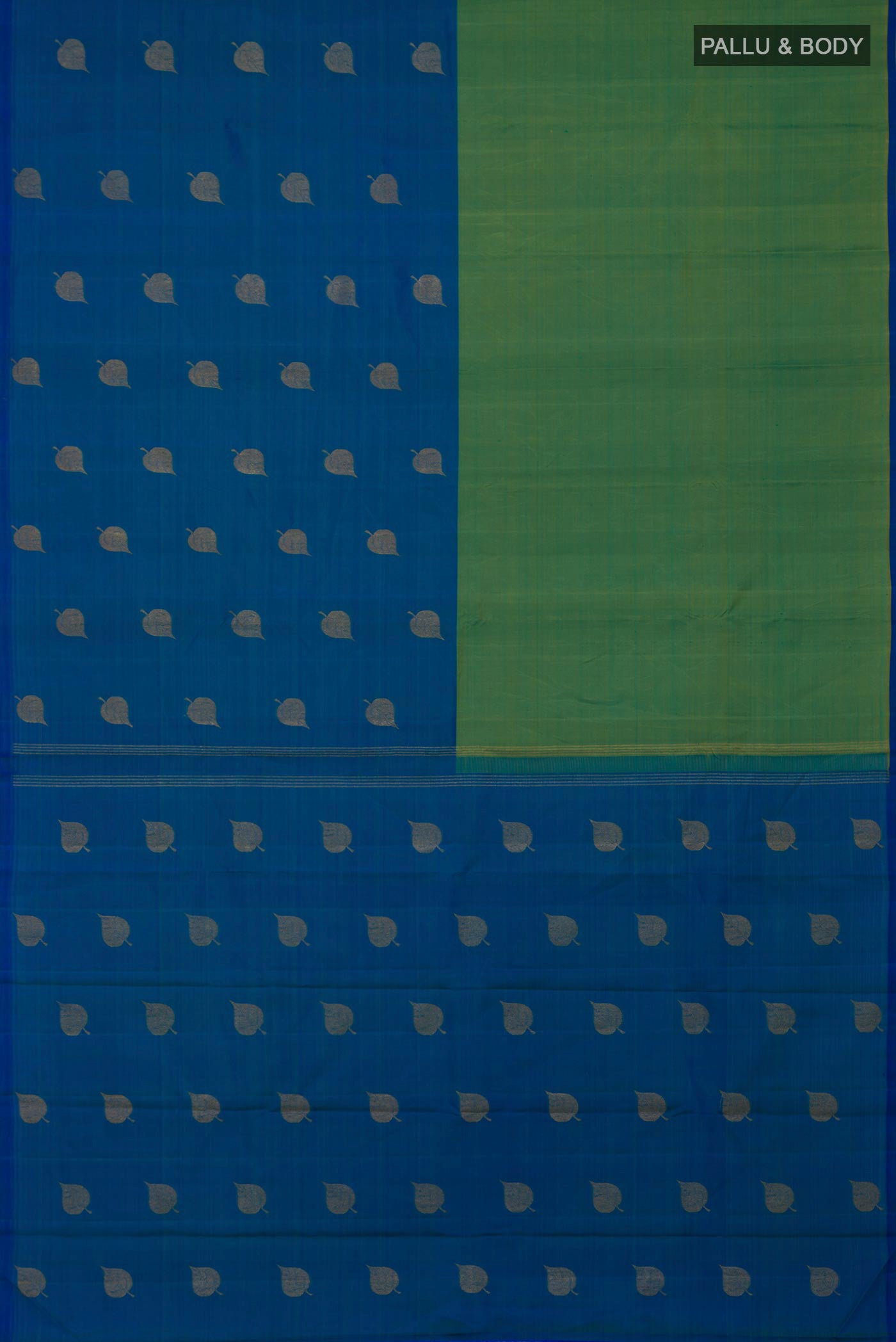 Flat view of Pure Silk Pure Zari Multi Color Kanchipuram Saree with Half And Half on the body and Without Border. 