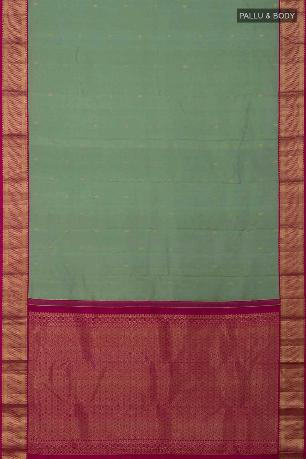 Flat view of Sea Green Kanchipuram Saree with Zari Butta on the body and Zari Border. 