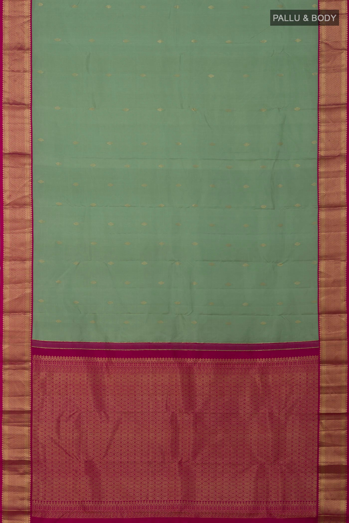 Flat view of Sea Green Kanchipuram Saree with Zari Butta on the body and Zari Border. 