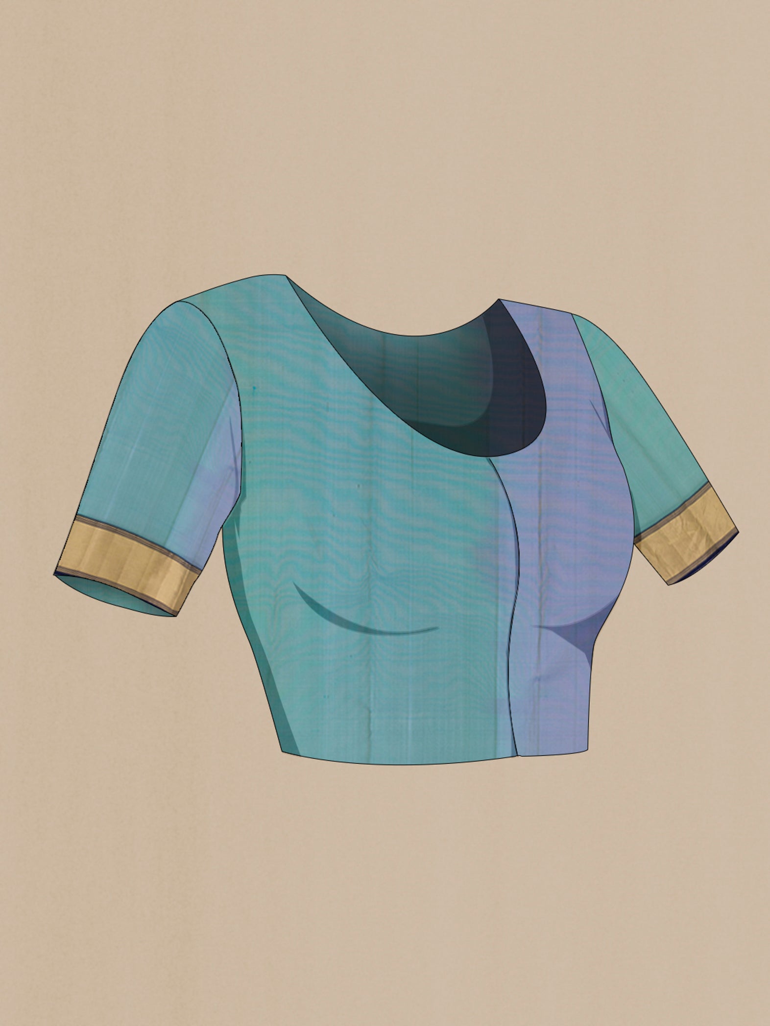 Close up image of the blouse of Green Dual Tone Chanderi Silk Cotton Saree with Zari Butta on the body and Zari Border. 