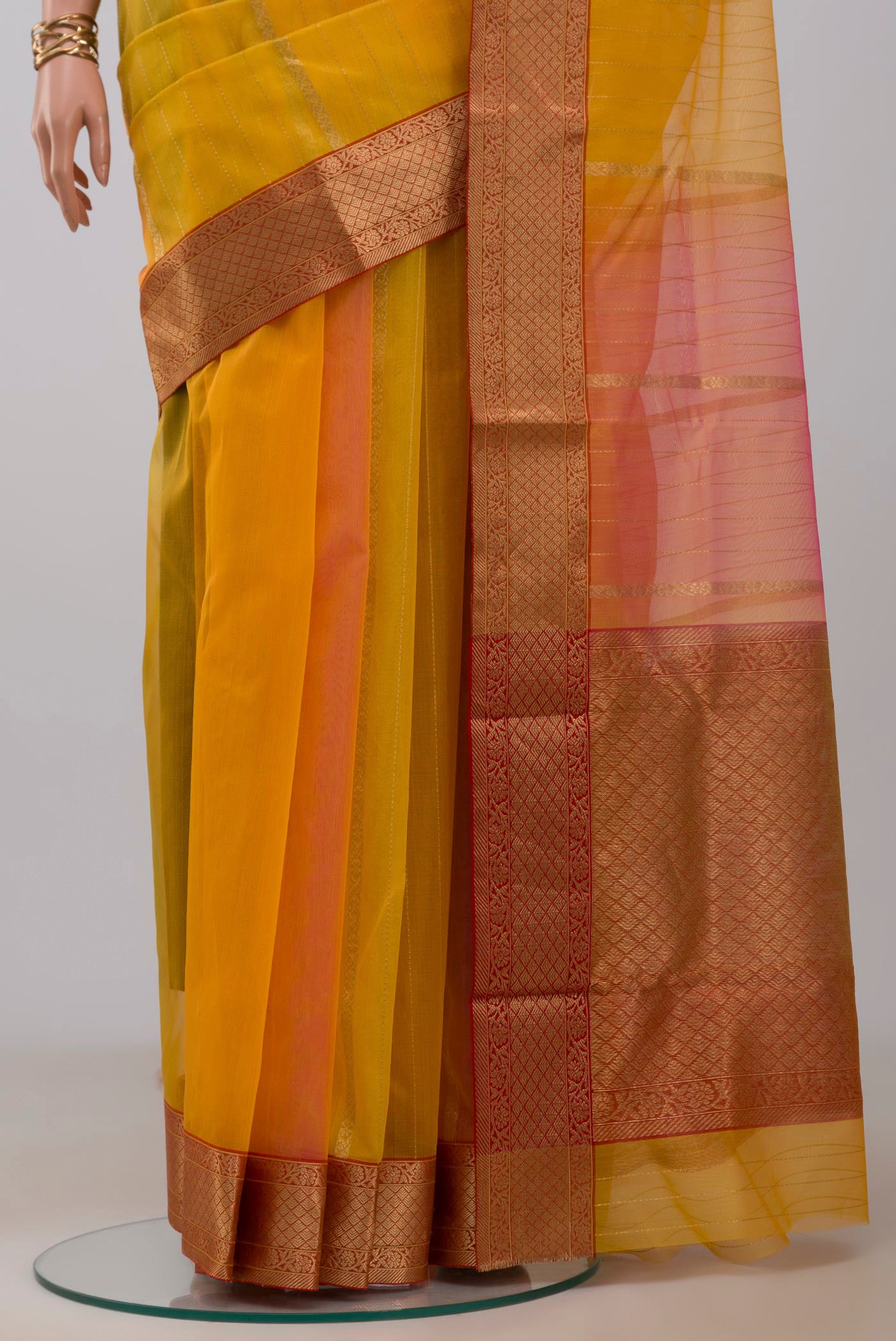 Pleats and pallu of Multi Color Chanderi Silk Cotton Saree with Fancy on the body and Zari Border. 