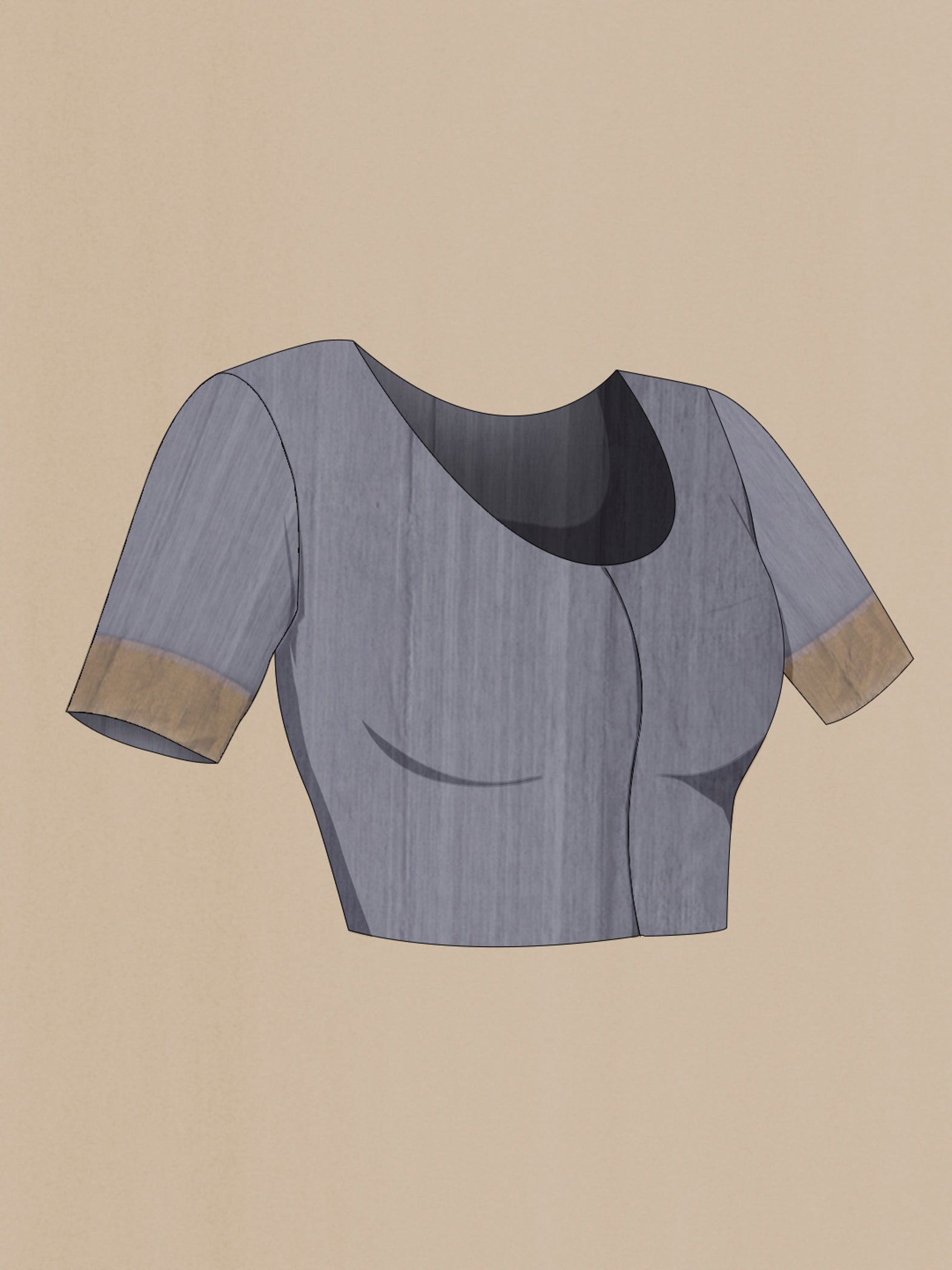 Close up image of the blouse of Grey Chanderi Silk Cotton Saree with Zari Butta on the body and Zari Border. 