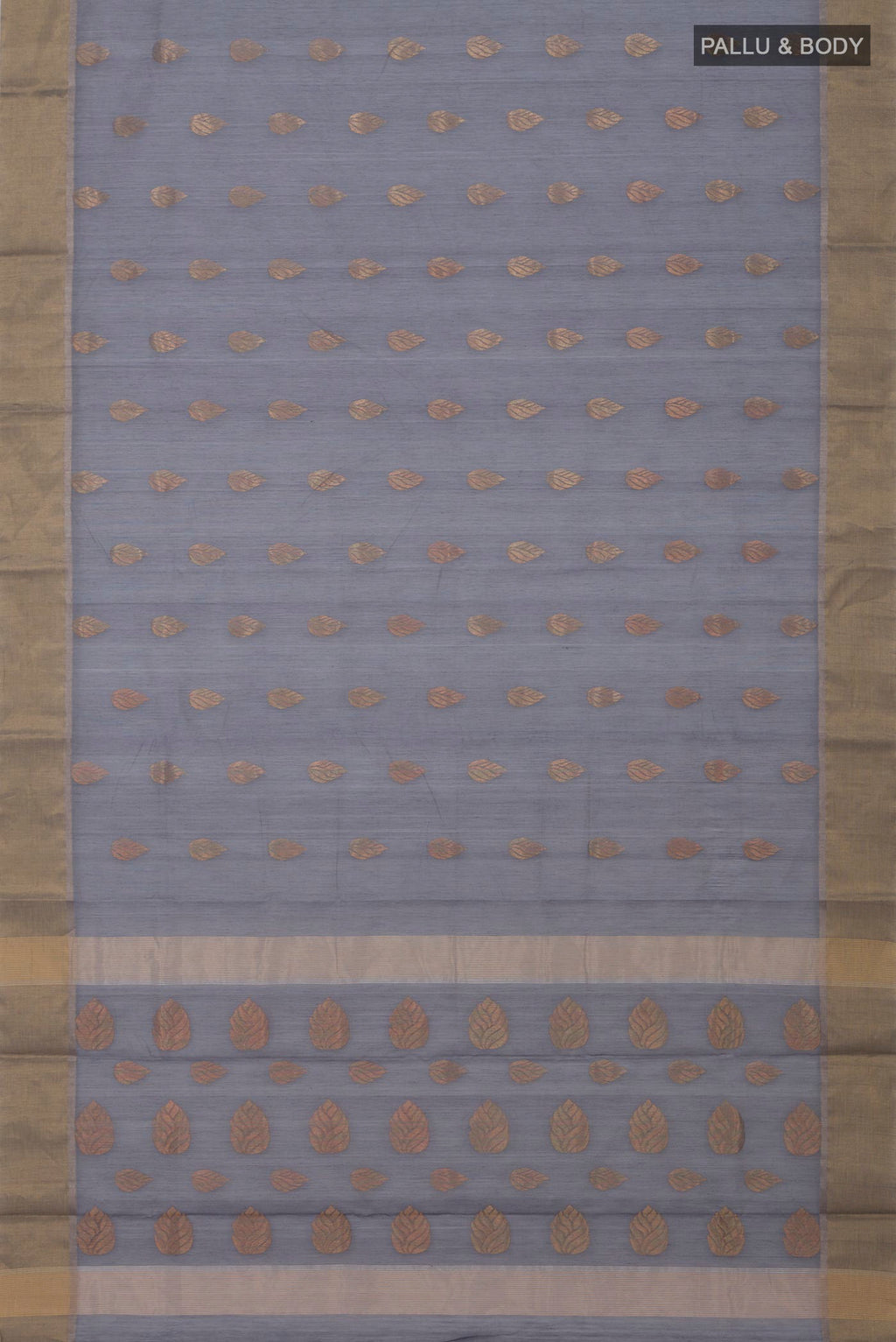Flat view of Grey Chanderi Silk Cotton Saree with Zari Butta on the body and Zari Border. 