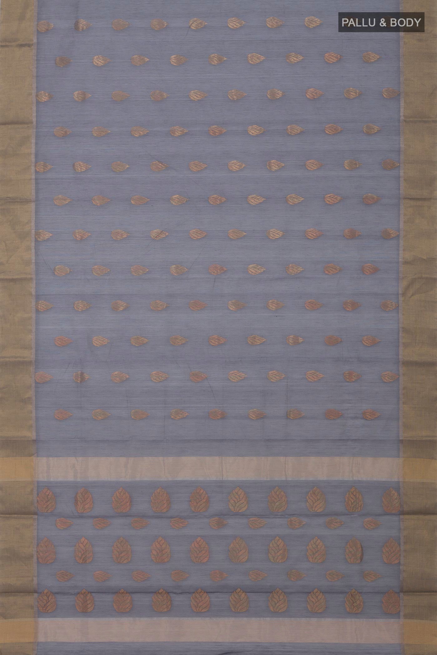 Flat view of Grey Chanderi Silk Cotton Saree with Zari Butta on the body and Zari Border. 