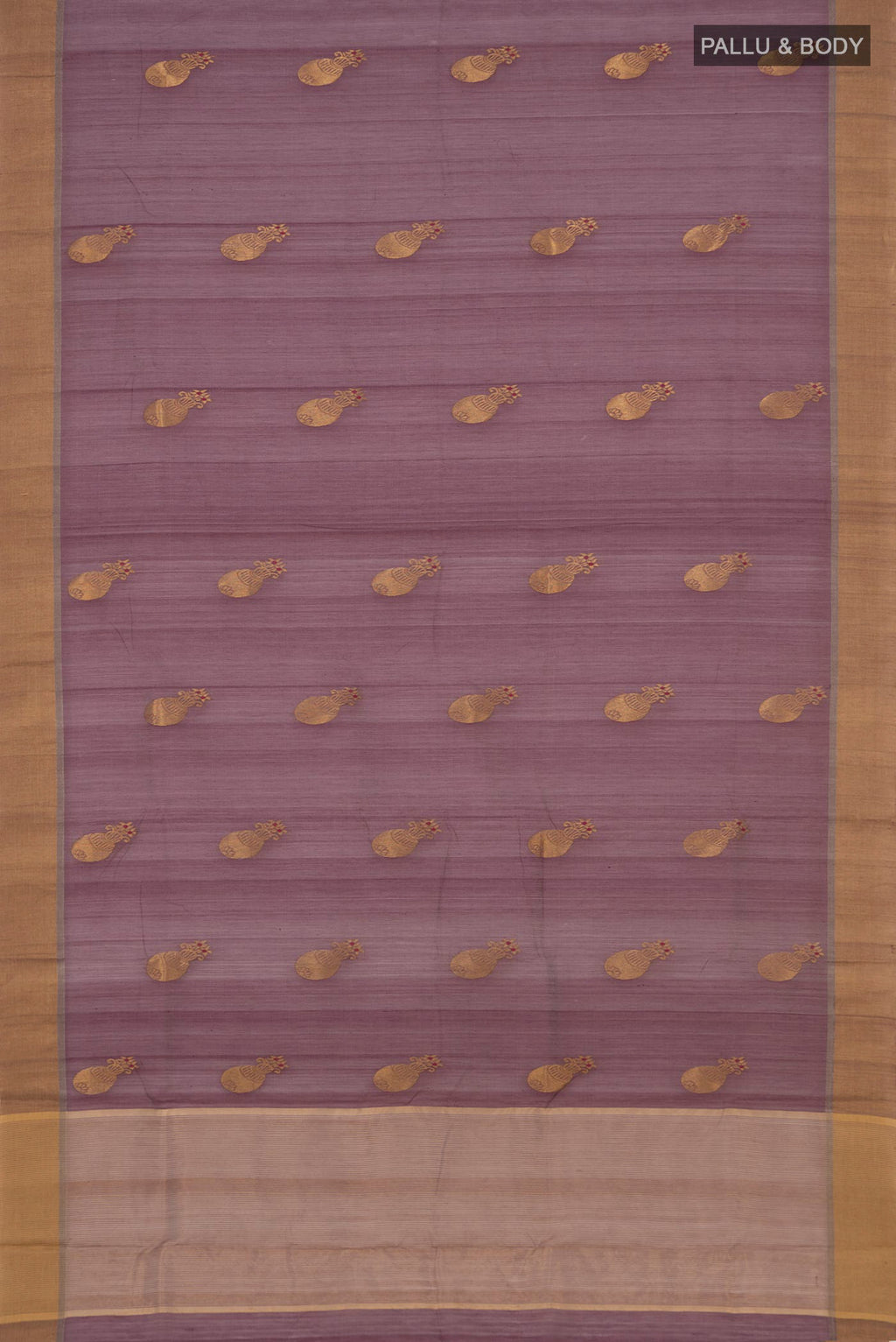Flat view of Lavender Chanderi Silk Cotton Saree with Zari Butta on the body and Zari Border. 