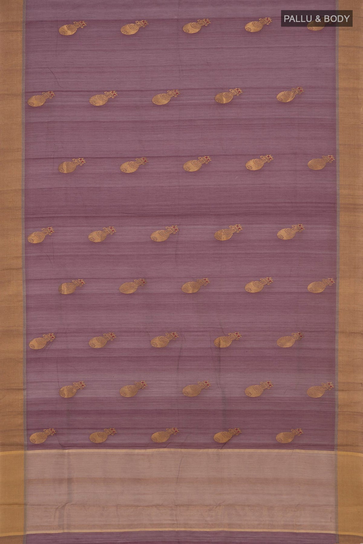 Flat view of Lavender Chanderi Silk Cotton Saree with Zari Butta on the body and Zari Border. 