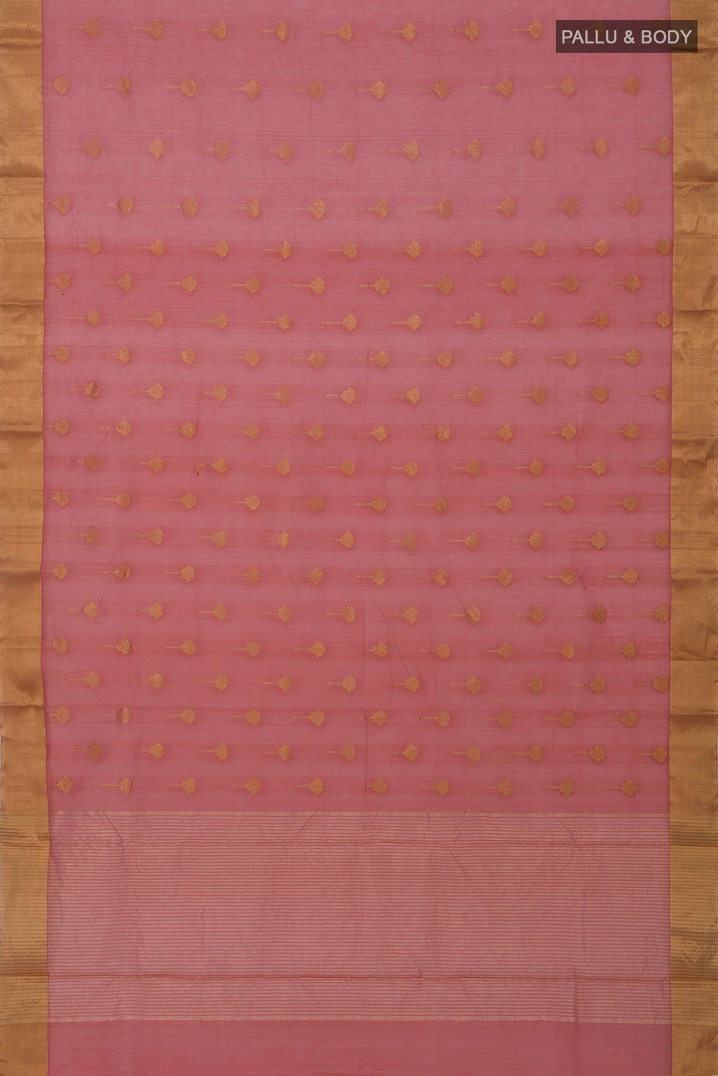 Flat view of Rust Chanderi Silk Cotton Saree with Zari Butta on the body and Zari Border. 