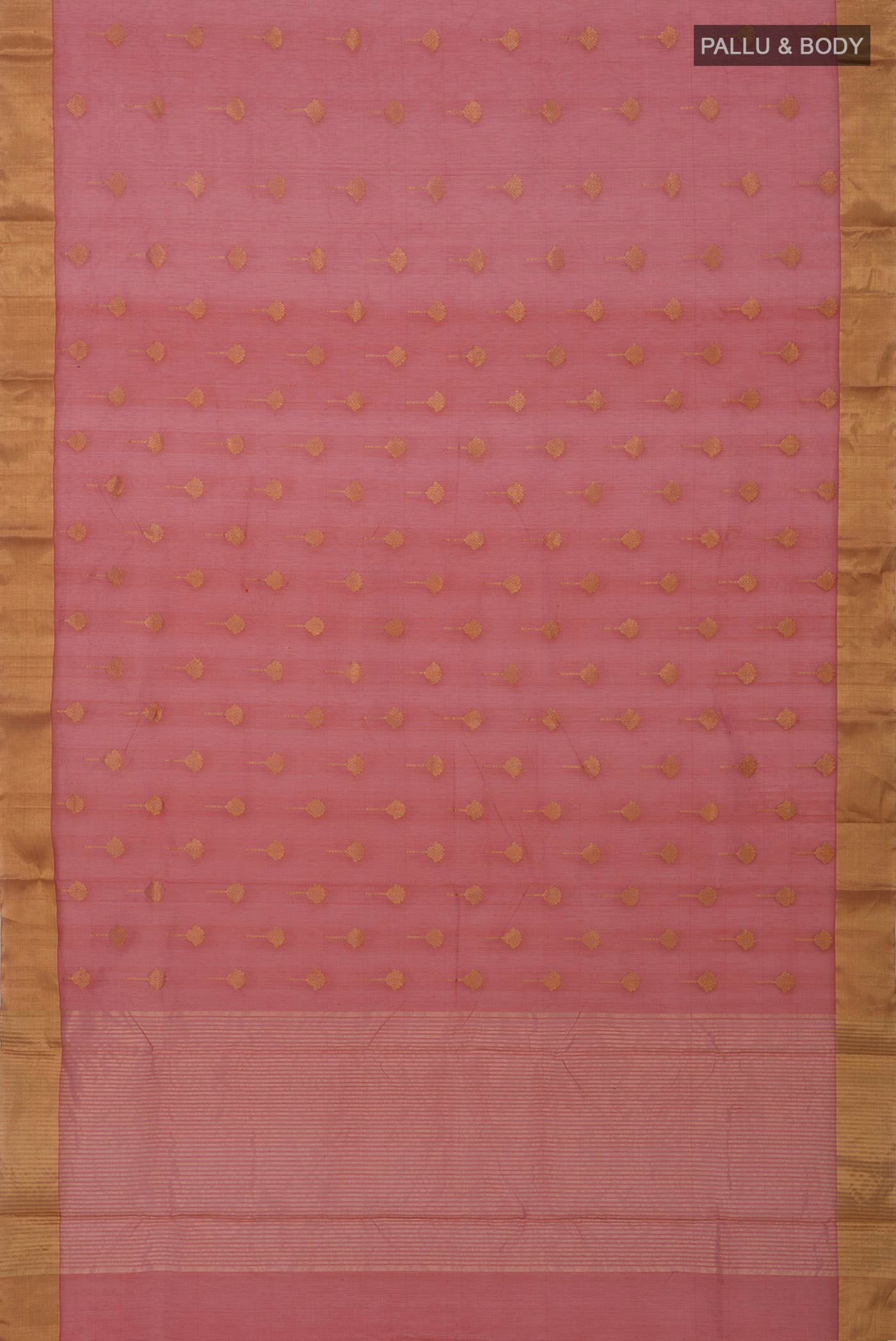 Flat view of Rust Chanderi Silk Cotton Saree with Zari Butta on the body and Zari Border. 