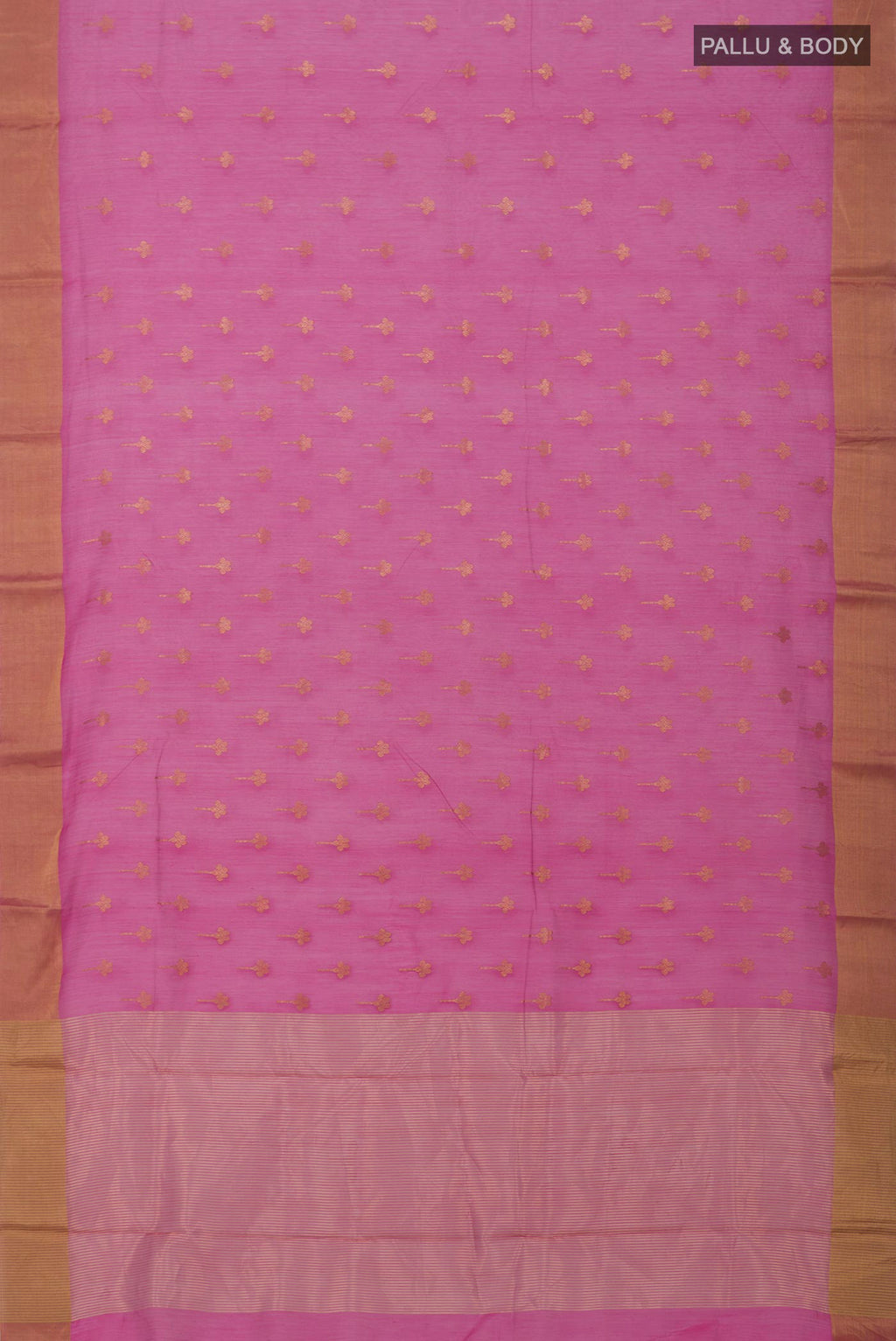 Flat view of Pink Chanderi Silk Cotton Saree with Zari Butta on the body and Zari Border. 