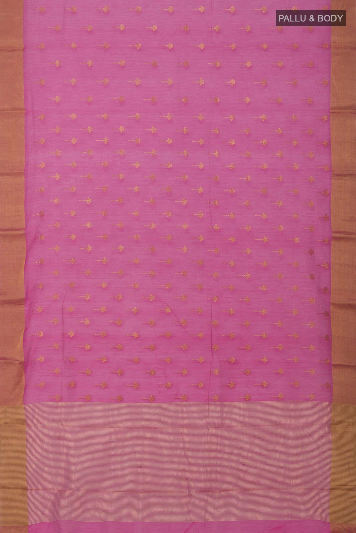 Flat view of Pink Chanderi Silk Cotton Saree with Zari Butta on the body and Zari Border. 