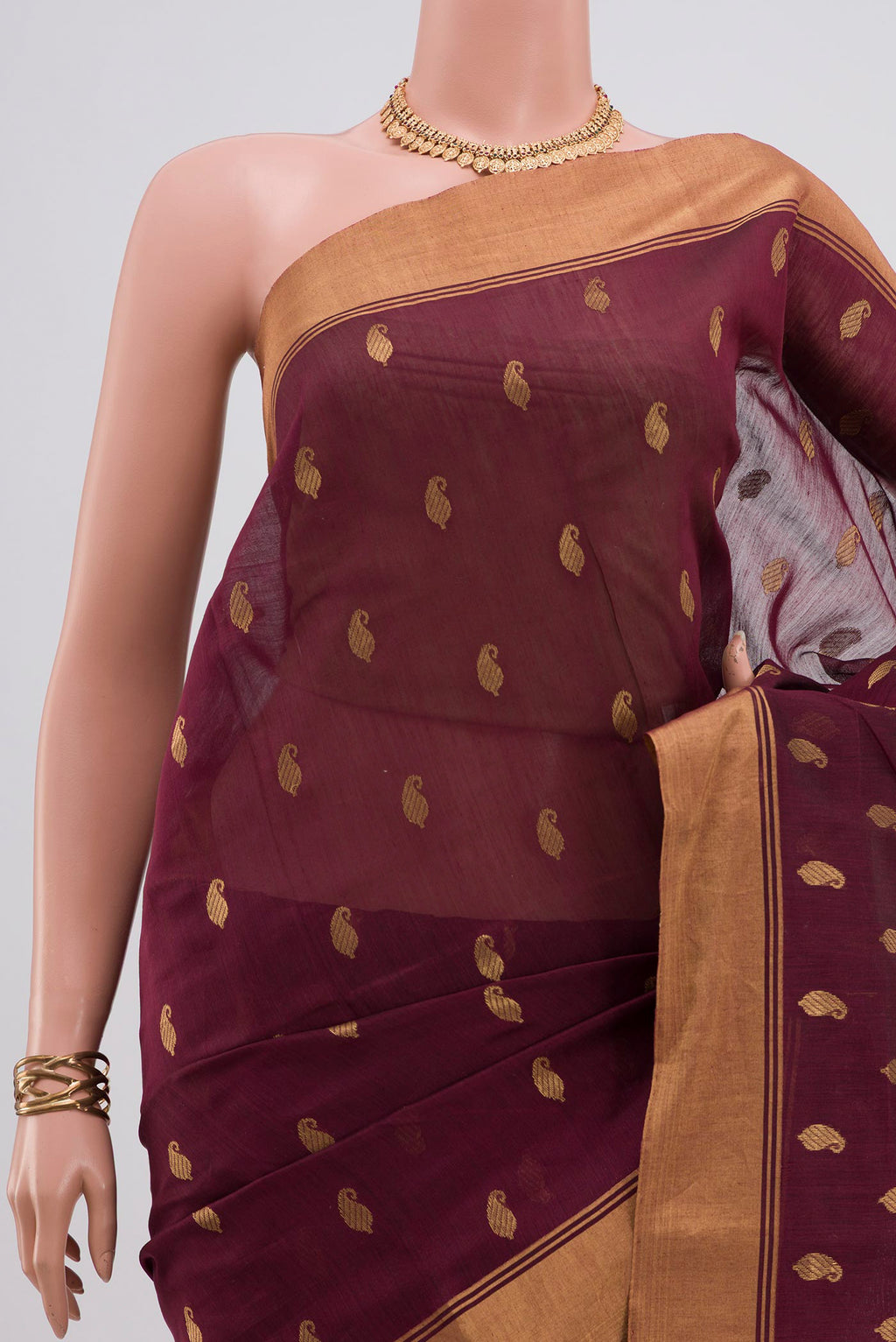 Border image of Brown Chanderi Silk Cotton Saree with Zari Butta on the body and Zari Border. 
