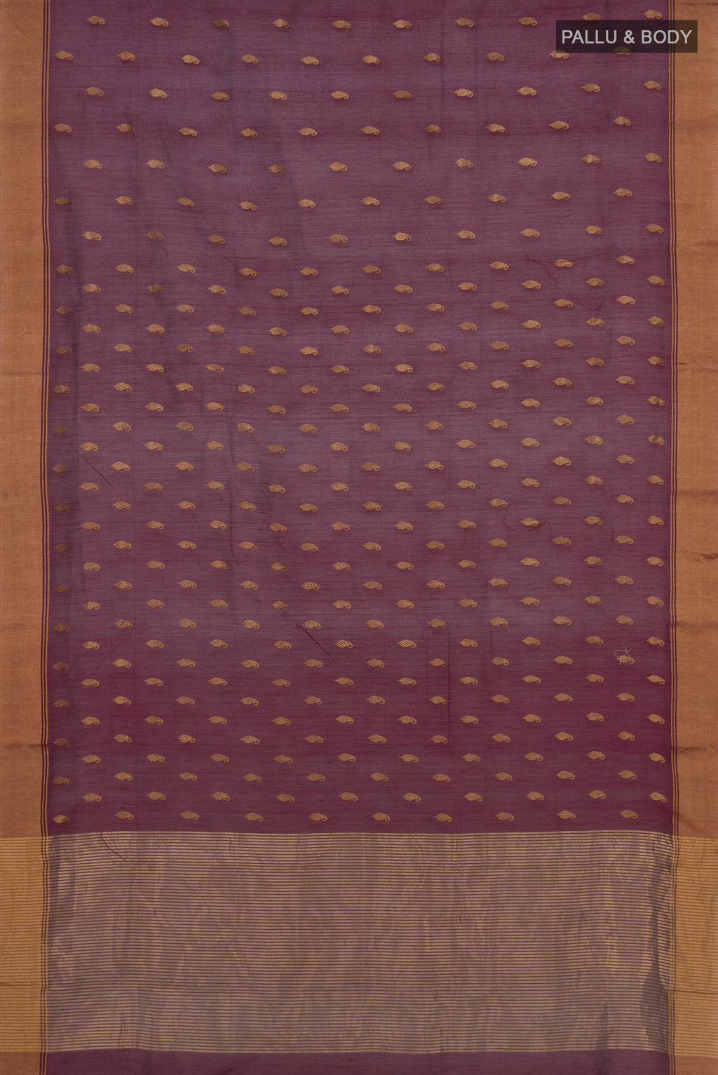 Flat view of Brown Chanderi Silk Cotton Saree with Zari Butta on the body and Zari Border. 