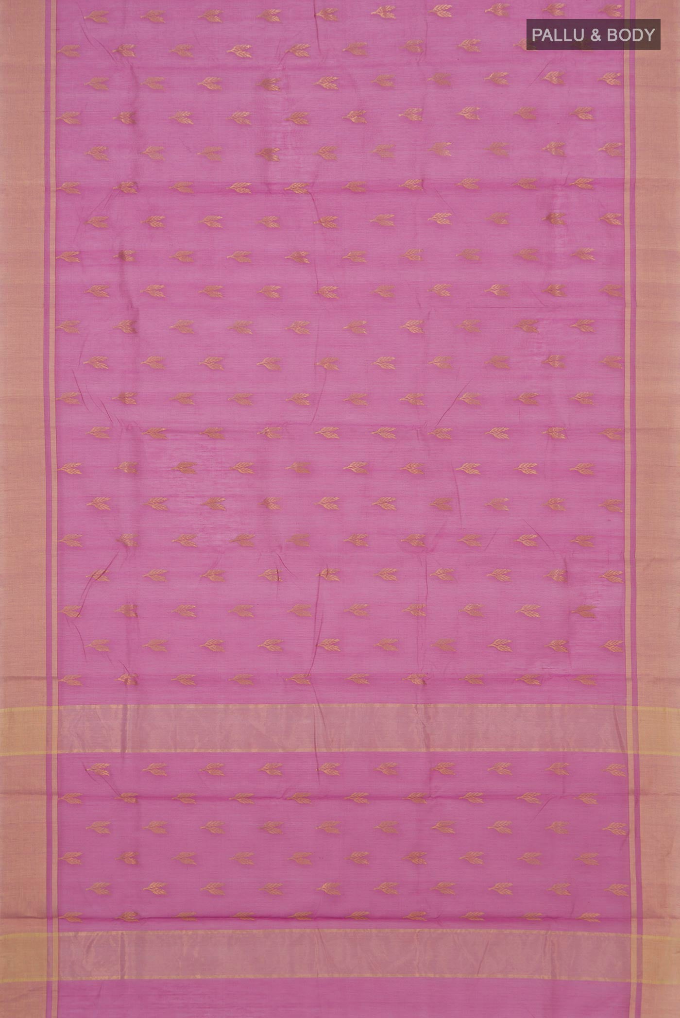 Flat view of Lavender Chanderi Silk Cotton Saree with Zari Butta on the body and Zari Border. 