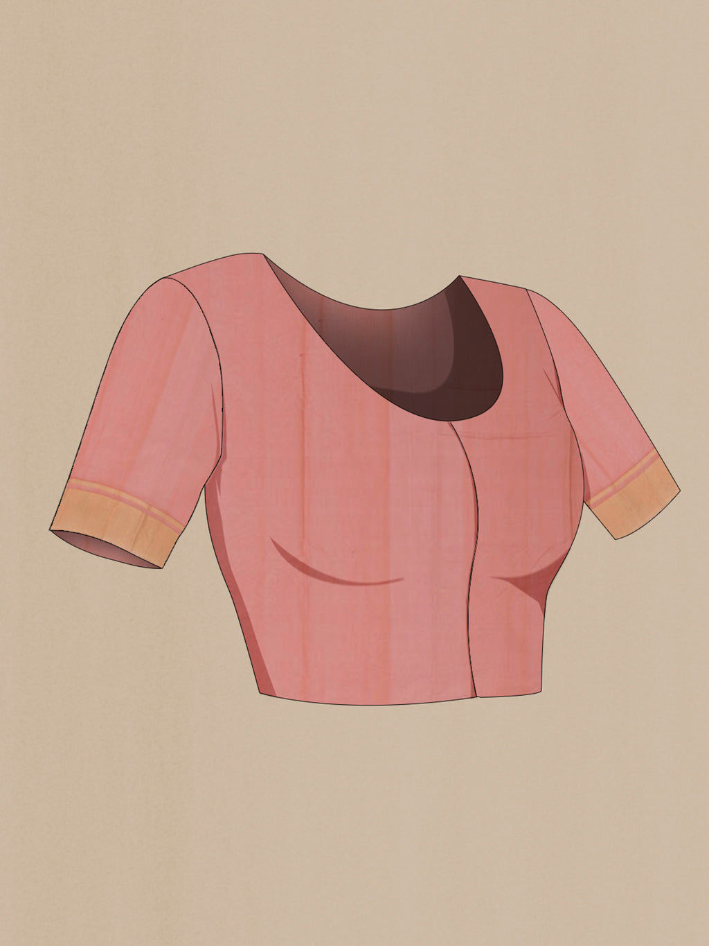 Close up image of the blouse of Peach Chanderi Silk Cotton Saree with Zari Butta on the body and Zari Border. 