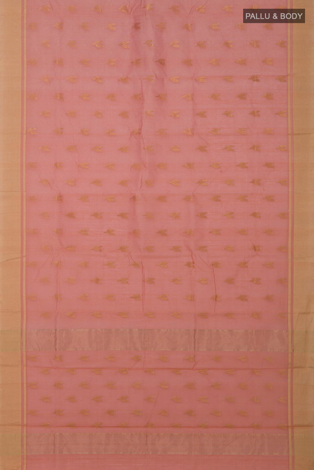 Flat view of Peach Chanderi Silk Cotton Saree with Zari Butta on the body and Zari Border. 