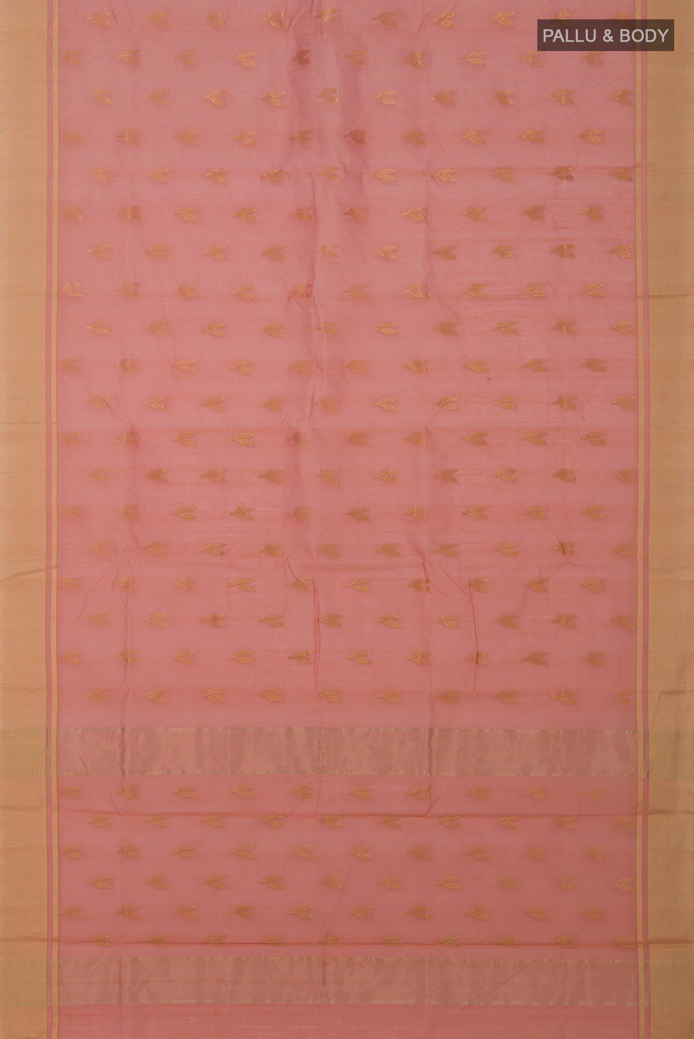 Flat view of Peach Chanderi Silk Cotton Saree with Zari Butta on the body and Zari Border. 