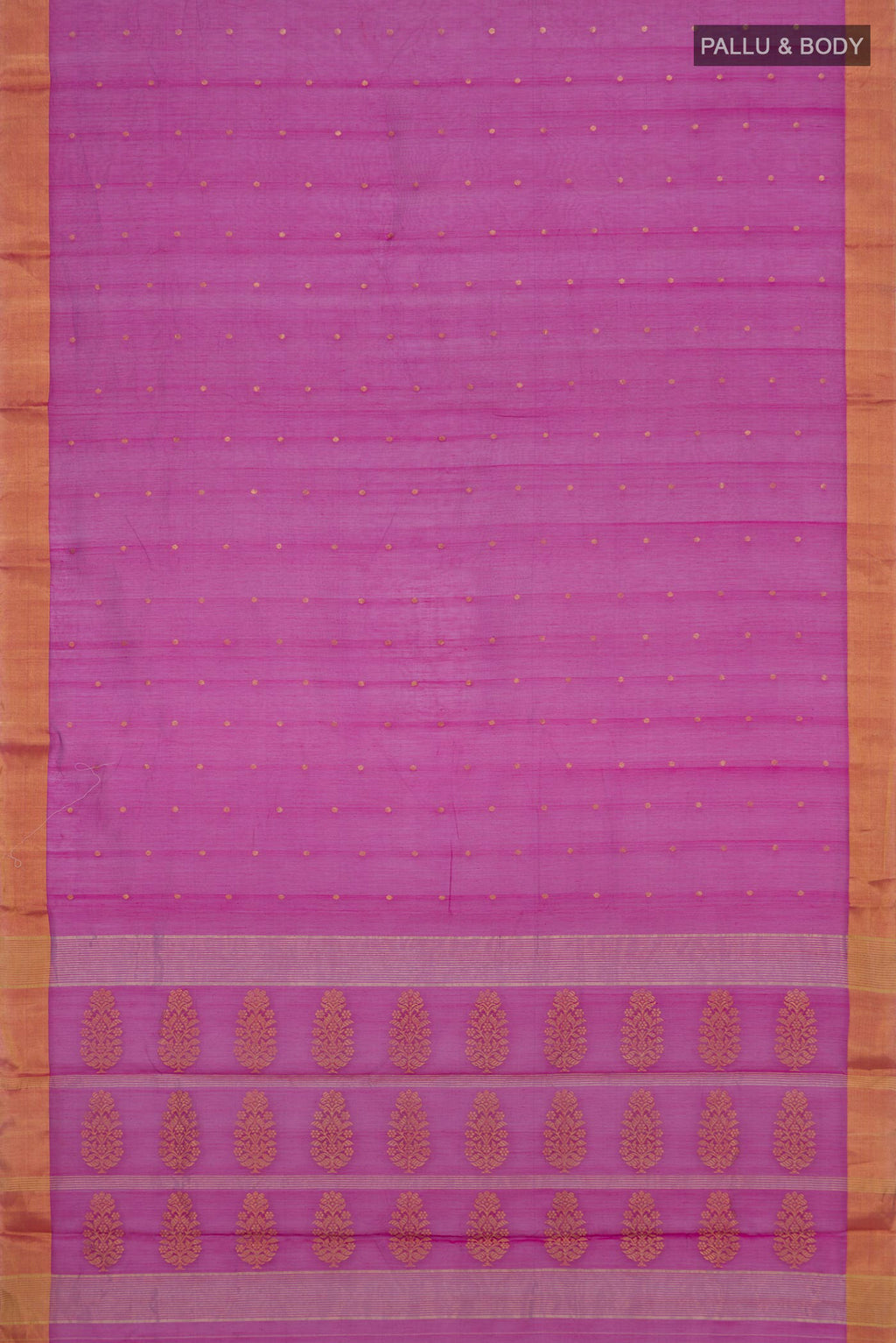 Flat view of Magenta Chanderi Silk Cotton Saree with Zari Butta on the body and Zari Border. 