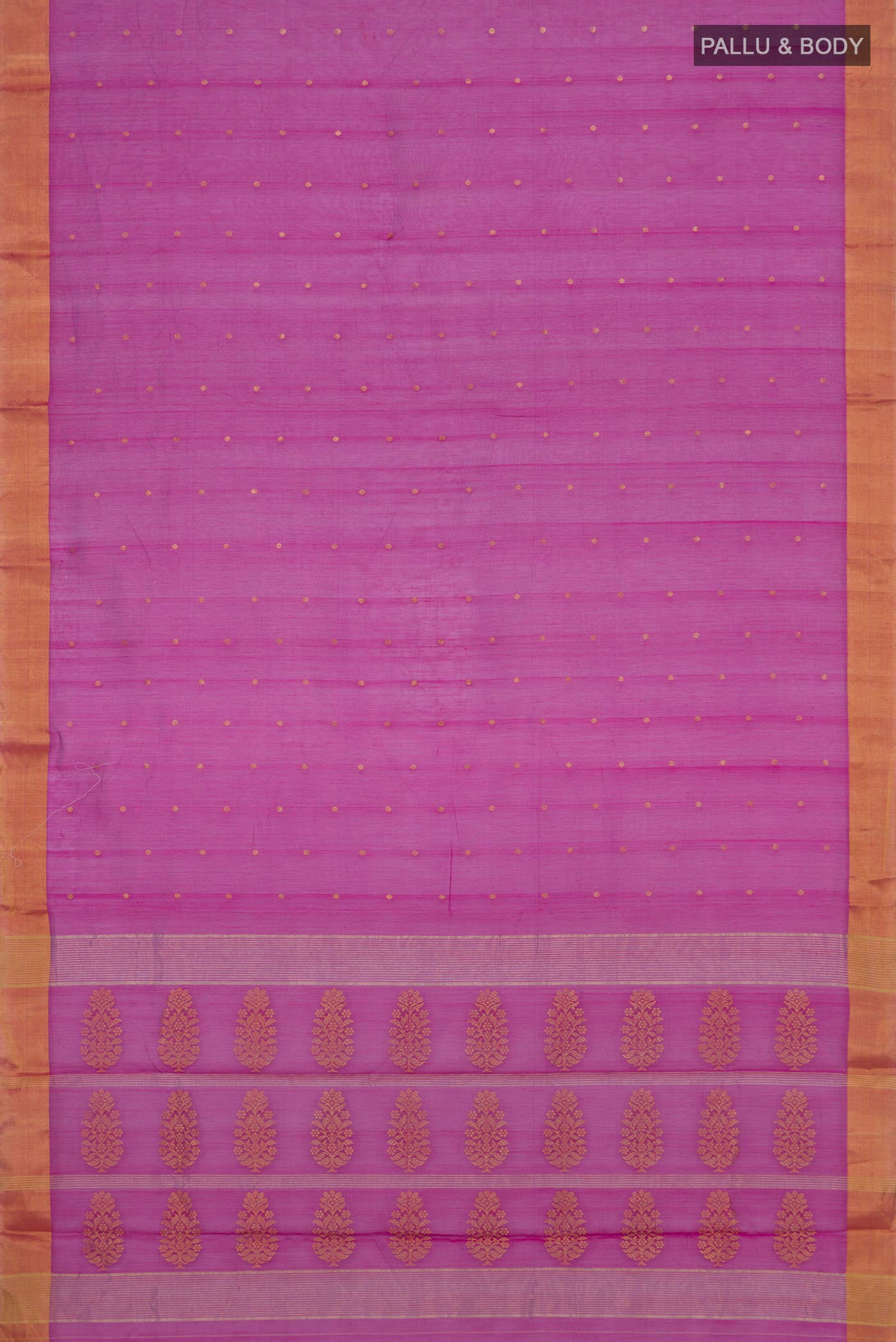 Flat view of Magenta Chanderi Silk Cotton Saree with Zari Butta on the body and Zari Border. 