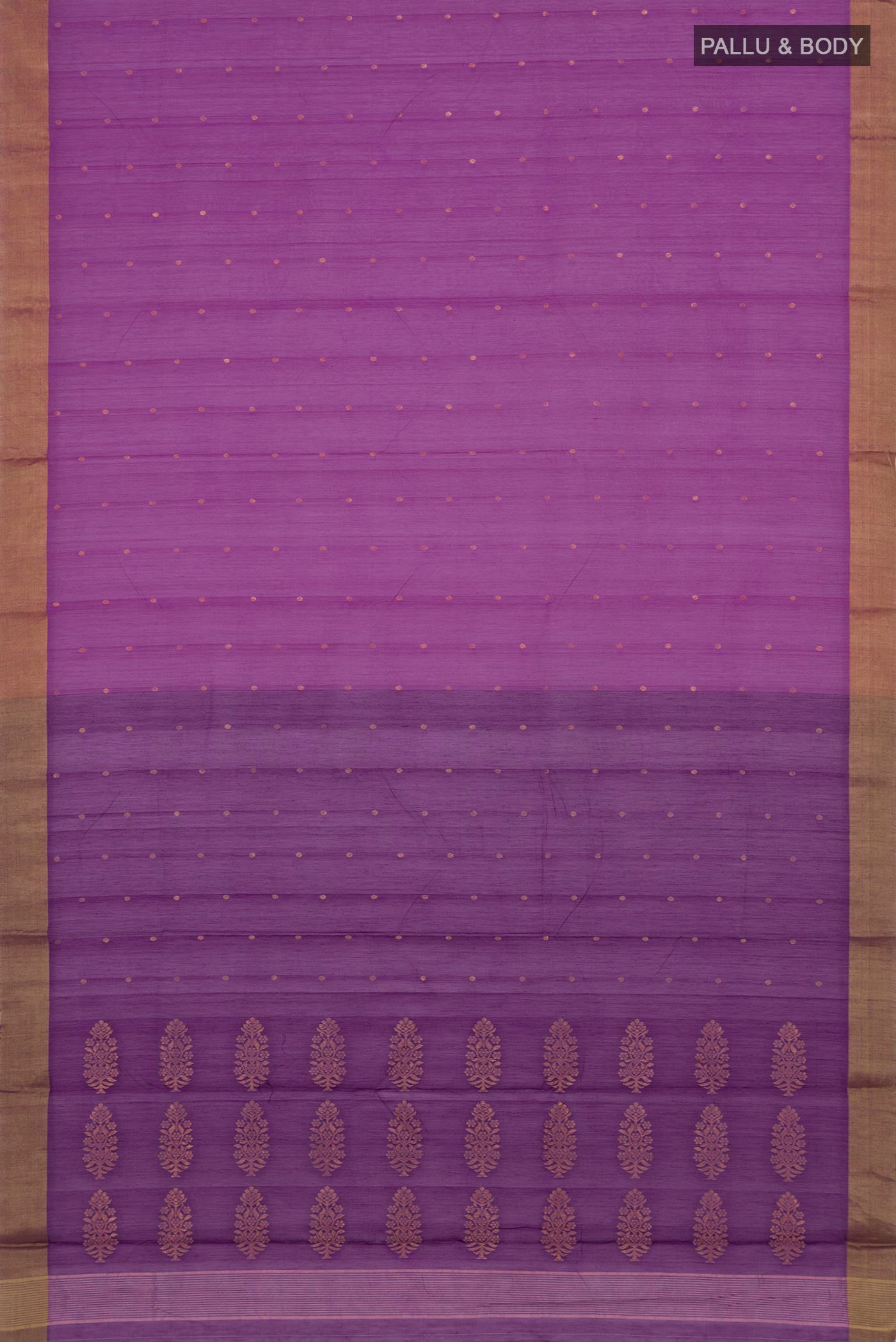 Flat view of Magenta Chanderi Silk Cotton Saree with Zari Butta on the body and Zari Border. 