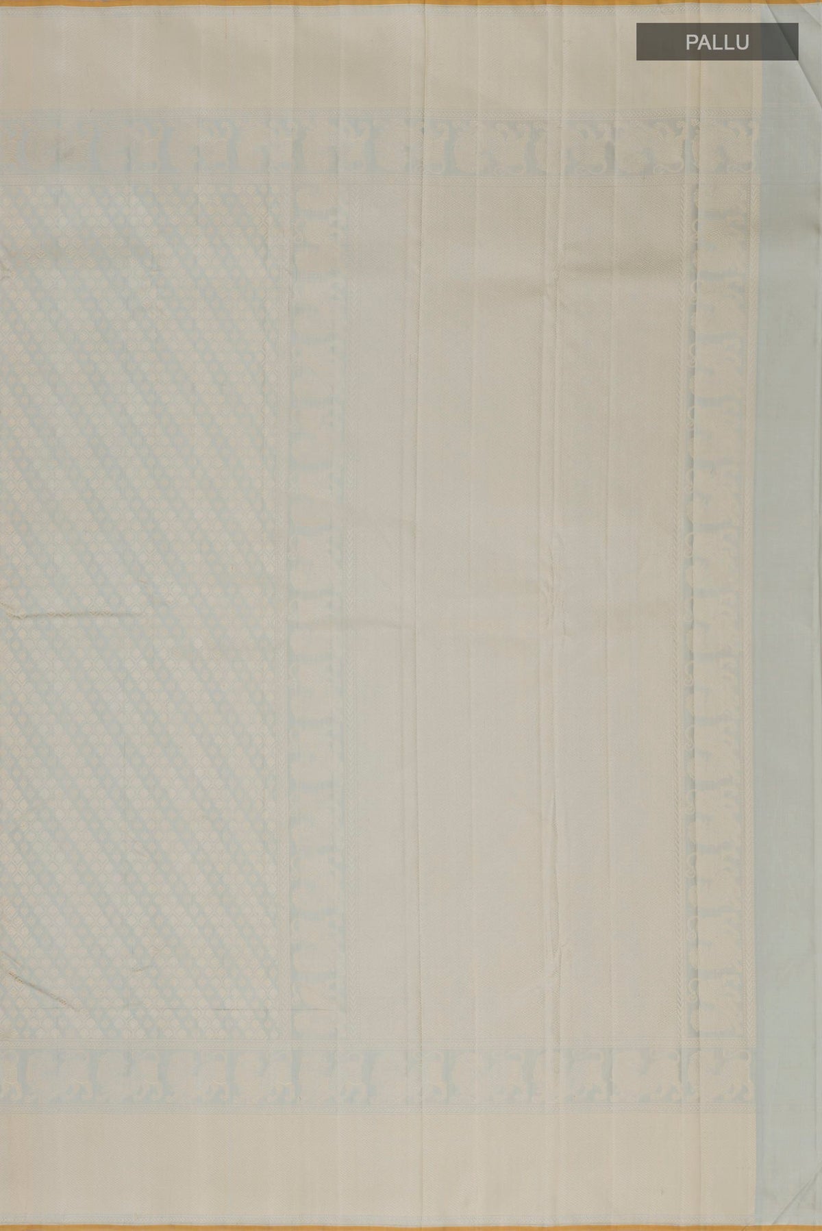 Close up image of the pallu of Grey Kanchipuram Silk Saree with Jacquard design on the body and Thread Border. 