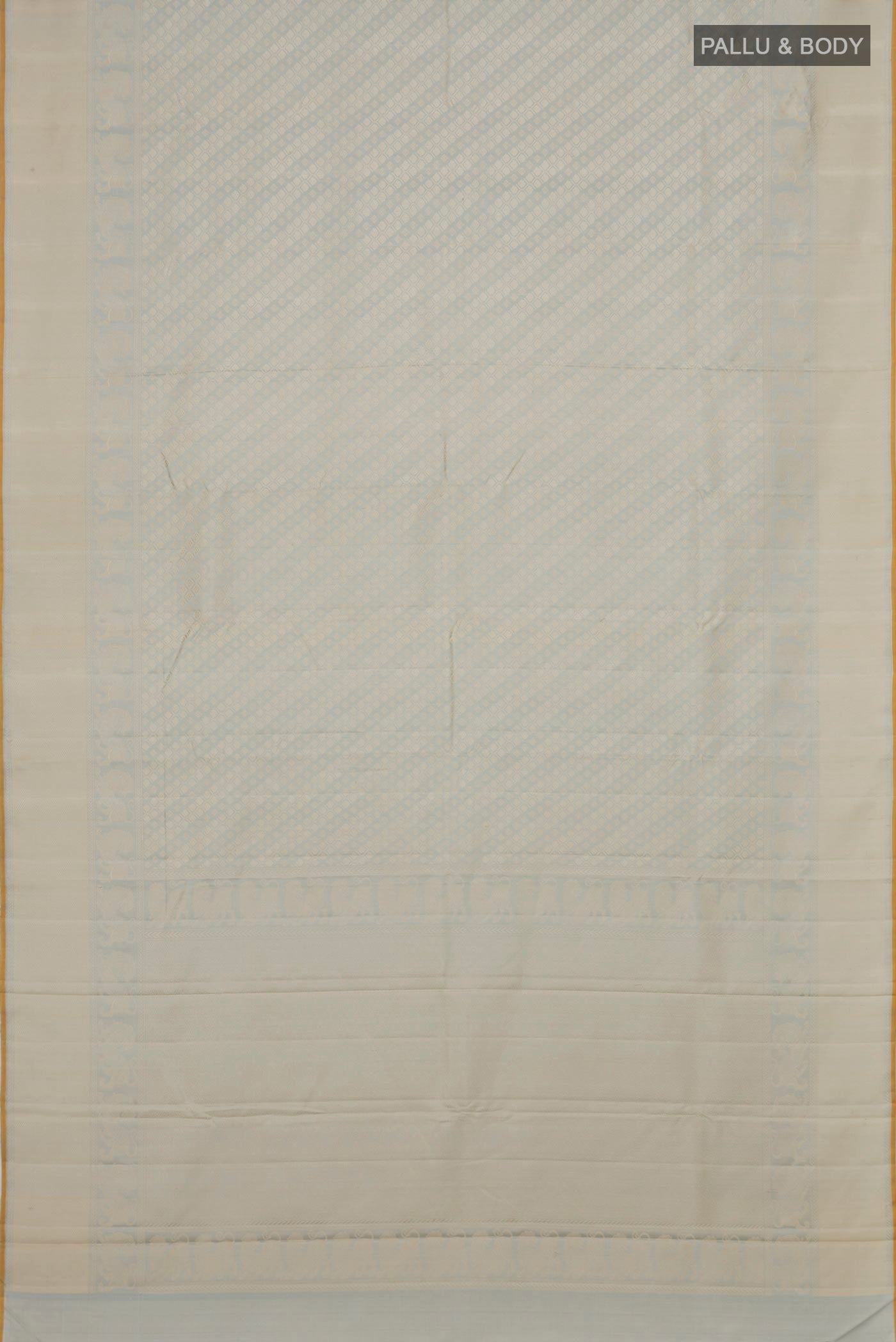 Flat view of Grey Kanchipuram Silk Saree with Jacquard design on the body and Thread Border. 