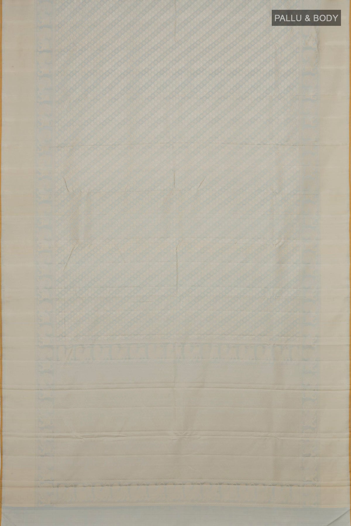 Flat view of Grey Kanchipuram Silk Saree with Jacquard design on the body and Thread Border. 