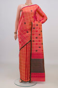 Pure Silk Orange Kanchipuram Saree with Checked design on the body and Without Border.  displayed on a mannequin