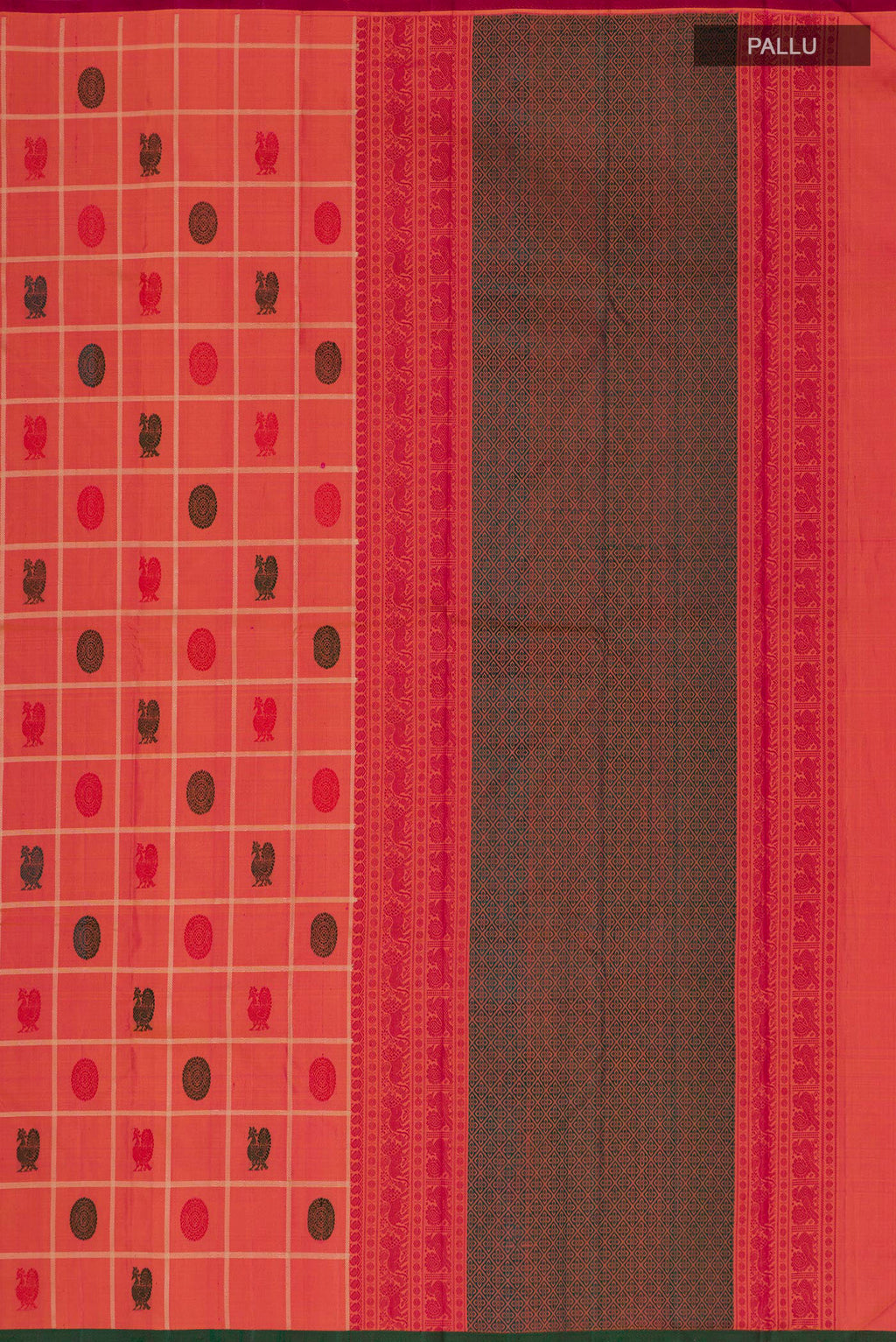 Close up image of the pallu of Pure Silk Orange Kanchipuram Saree with Checked design on the body and Without Border. 