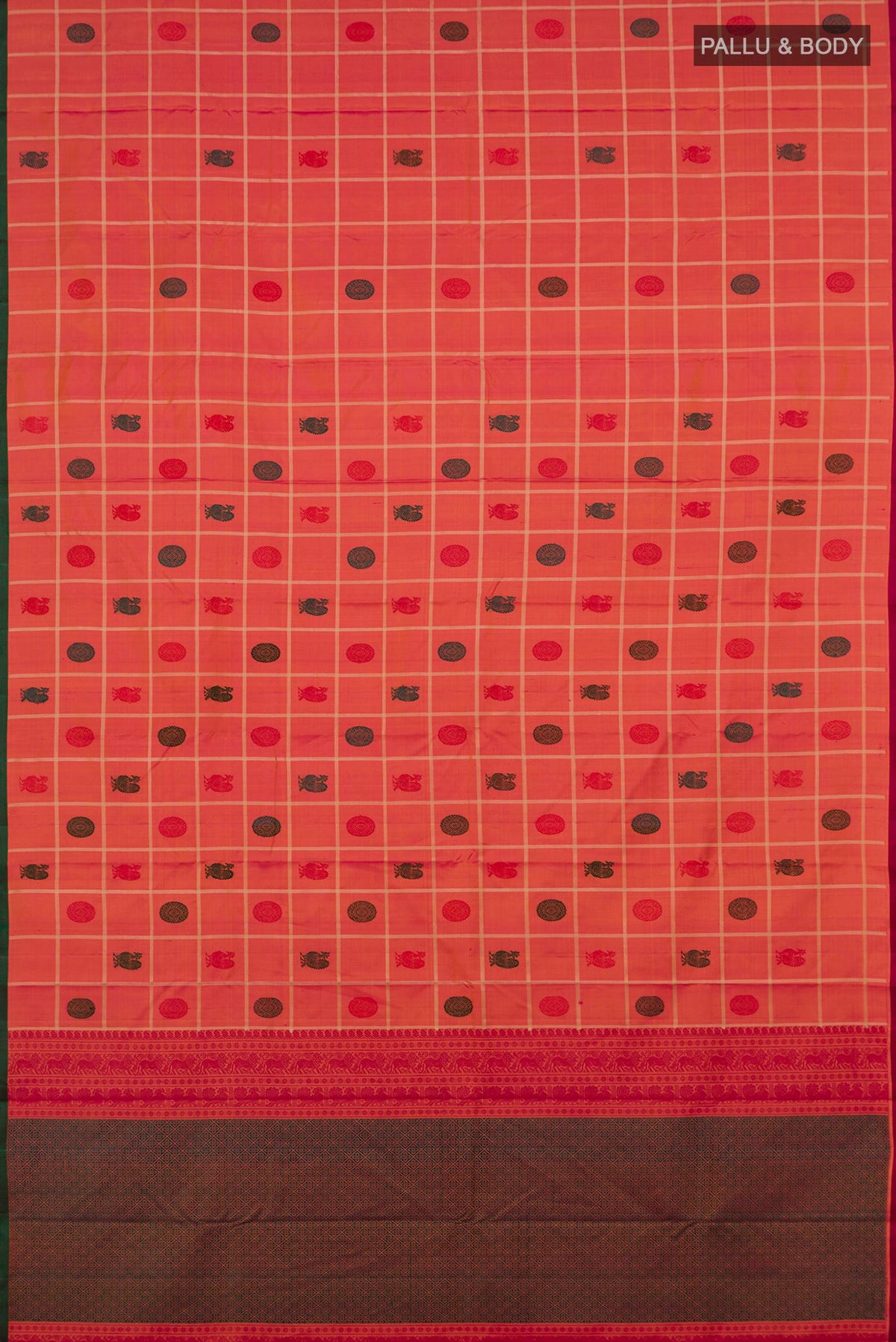 Flat view of Pure Silk Orange Kanchipuram Saree with Checked design on the body and Without Border. 