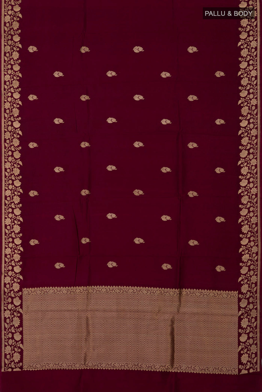 Flat view of Maroon Banarasi Katan Silk Saree with Zari Butta on the body and Fancy Border. 