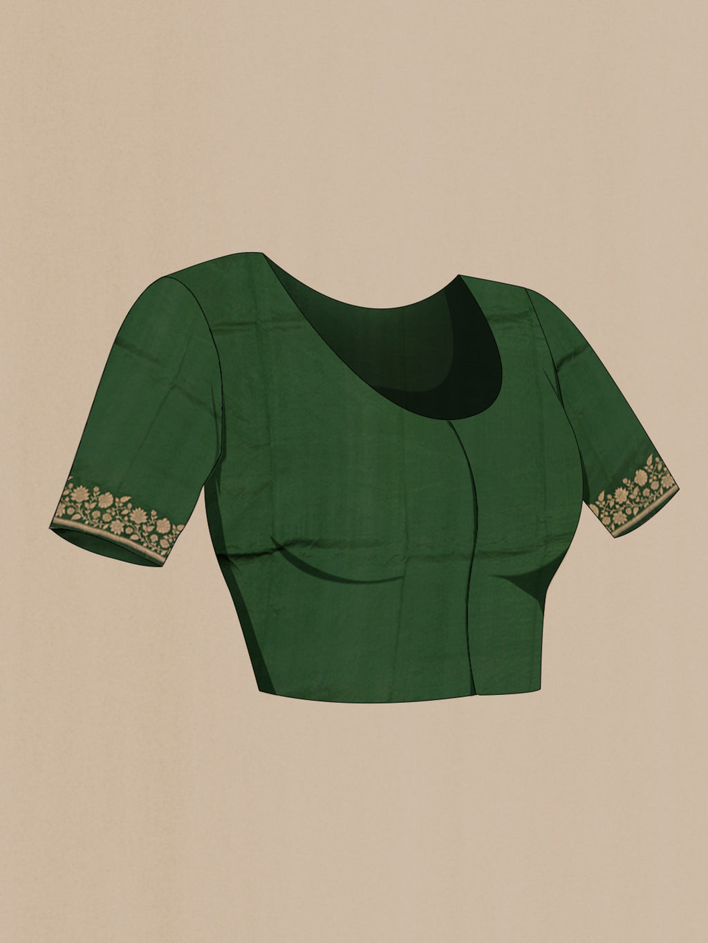 Close up image of the blouse of Green Banarasi Katan Silk Saree with Zari Butta on the body and Fancy Border. 