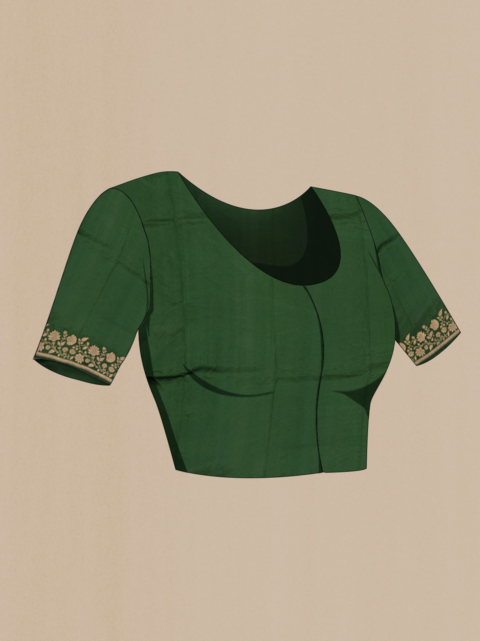 Close up image of the blouse of Green Banarasi Katan Silk Saree with Zari Butta on the body and Fancy Border. 