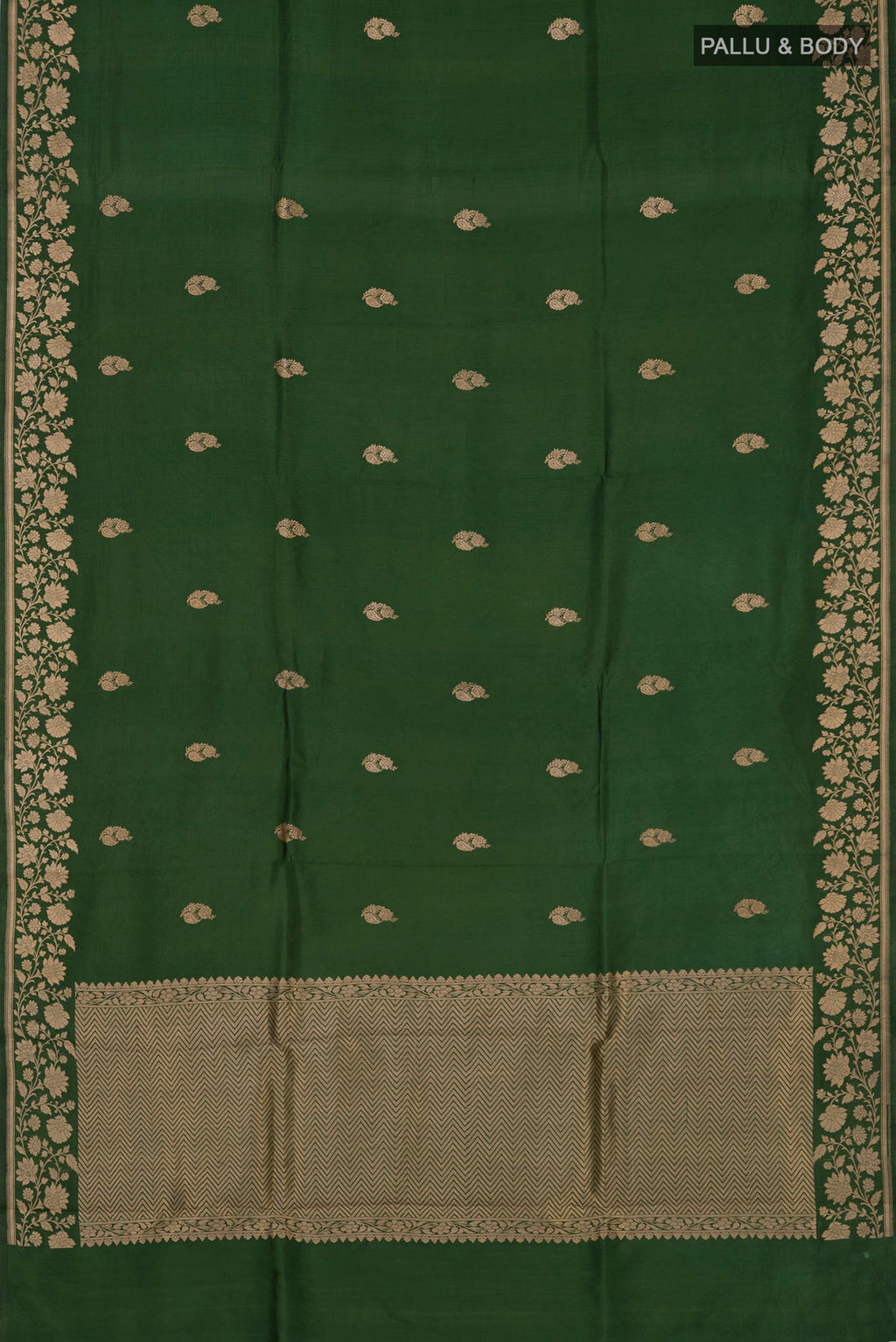 Flat view of Green Banarasi Katan Silk Saree with Zari Butta on the body and Fancy Border. 