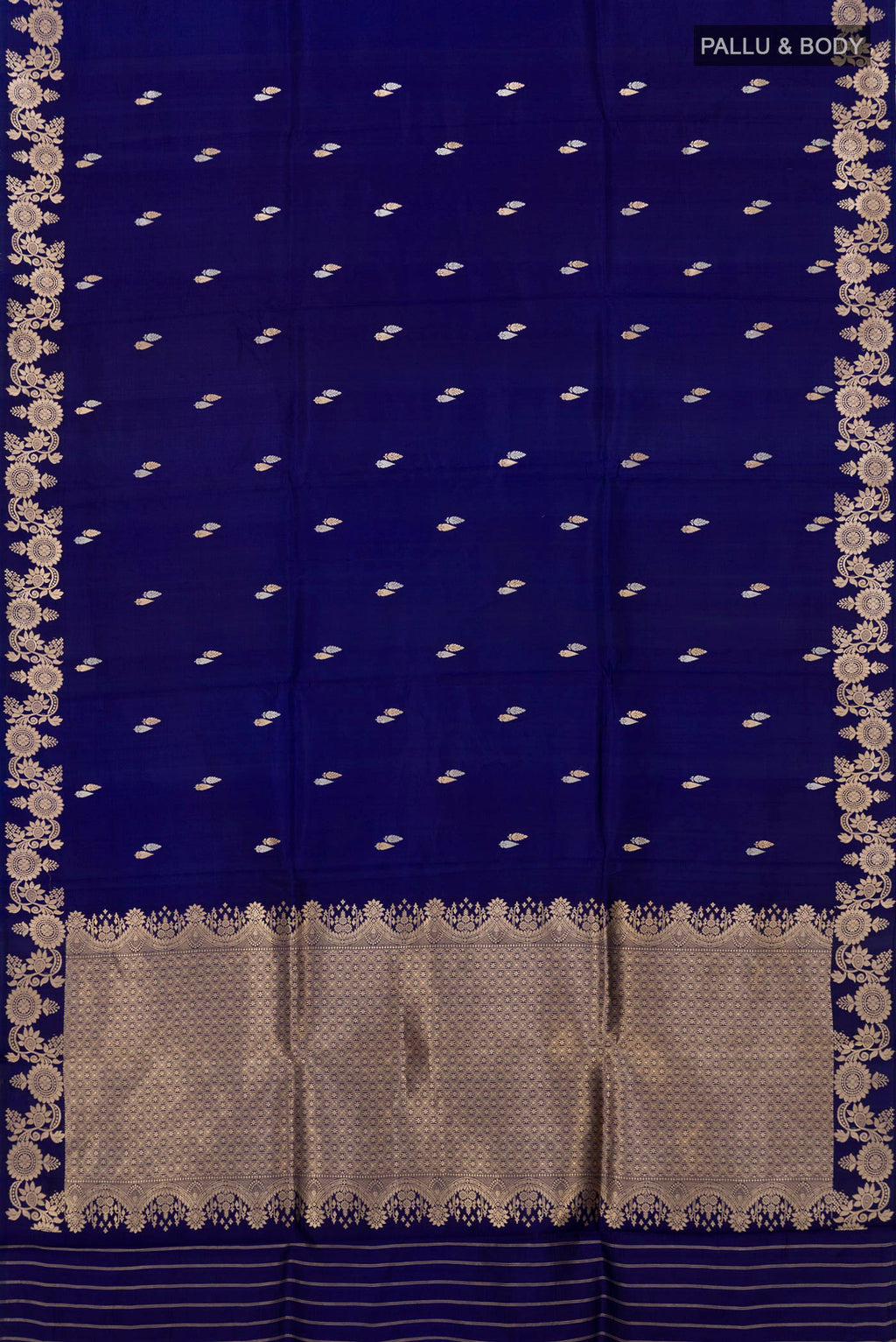 Flat view of Blue Banarasi Katan Silk Saree with Zari Butta on the body and Fancy Border. 