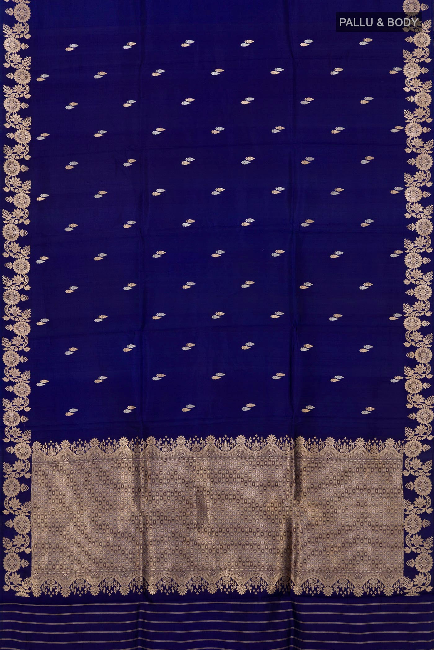 Flat view of Blue Banarasi Katan Silk Saree with Zari Butta on the body and Fancy Border. 