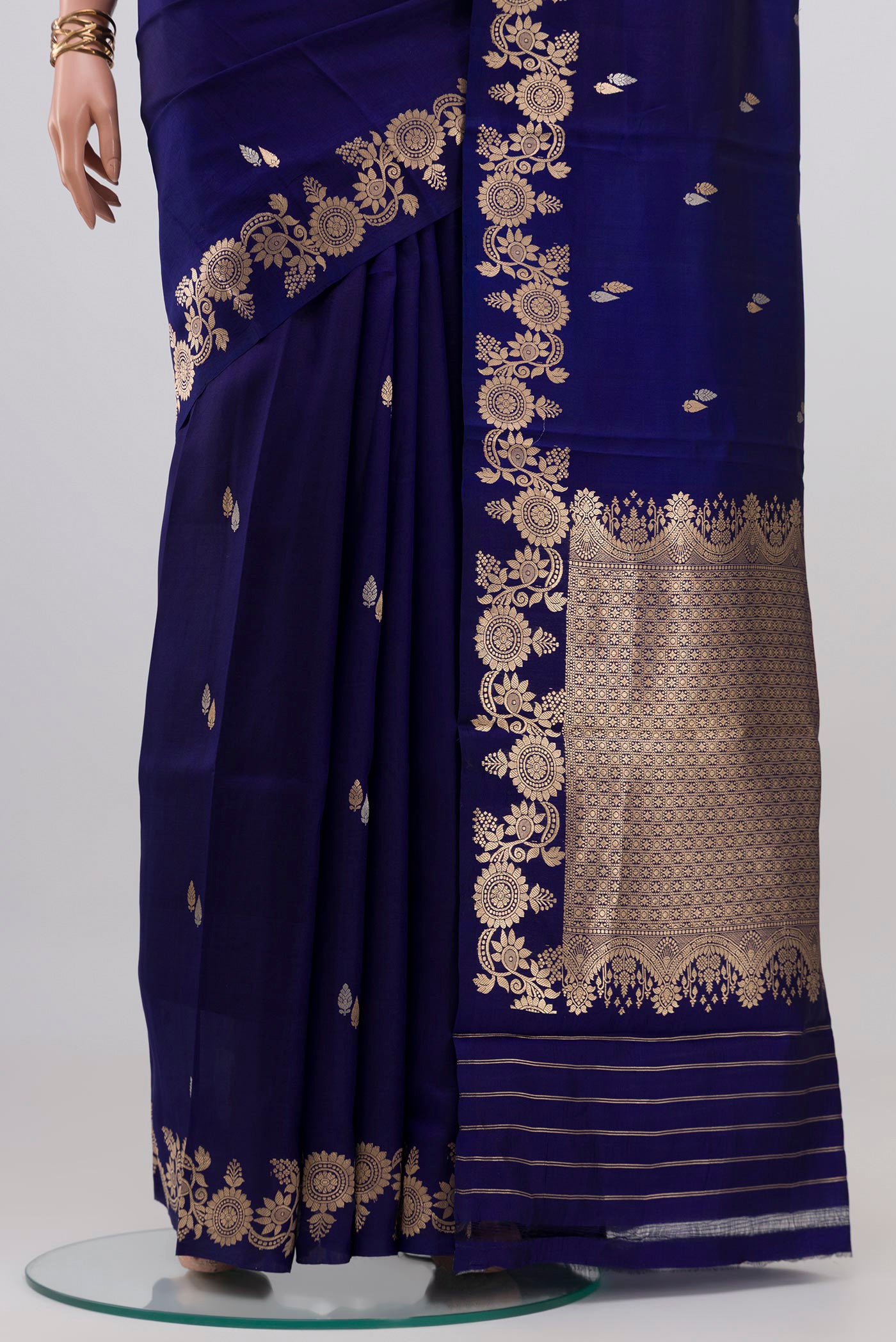 Pleats and pallu of Blue Banarasi Katan Silk Saree with Zari Butta on the body and Fancy Border. 
