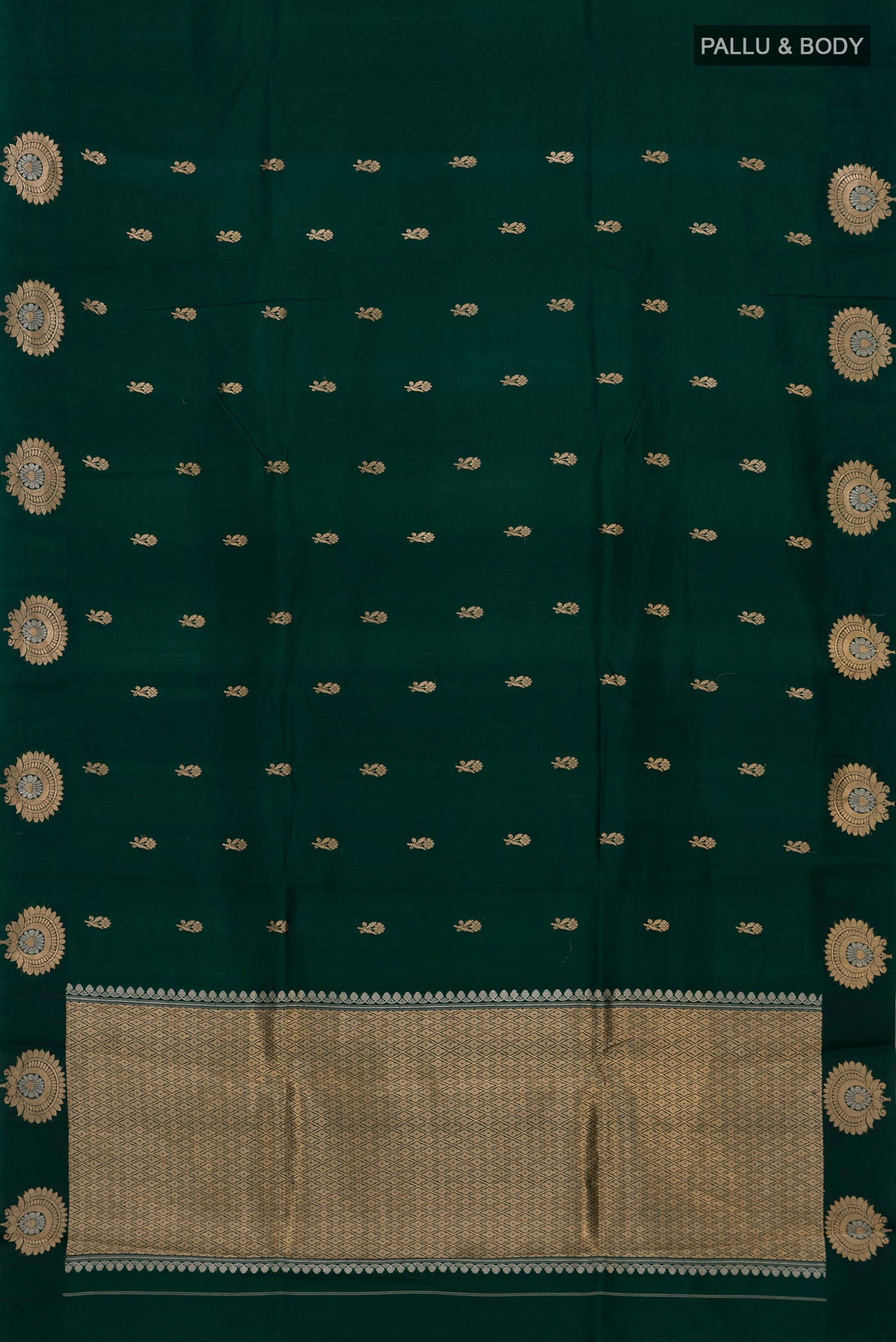 Flat view of Bottle Green Banarasi Katan Silk Saree with Zari Butta on the body and Fancy Border. 