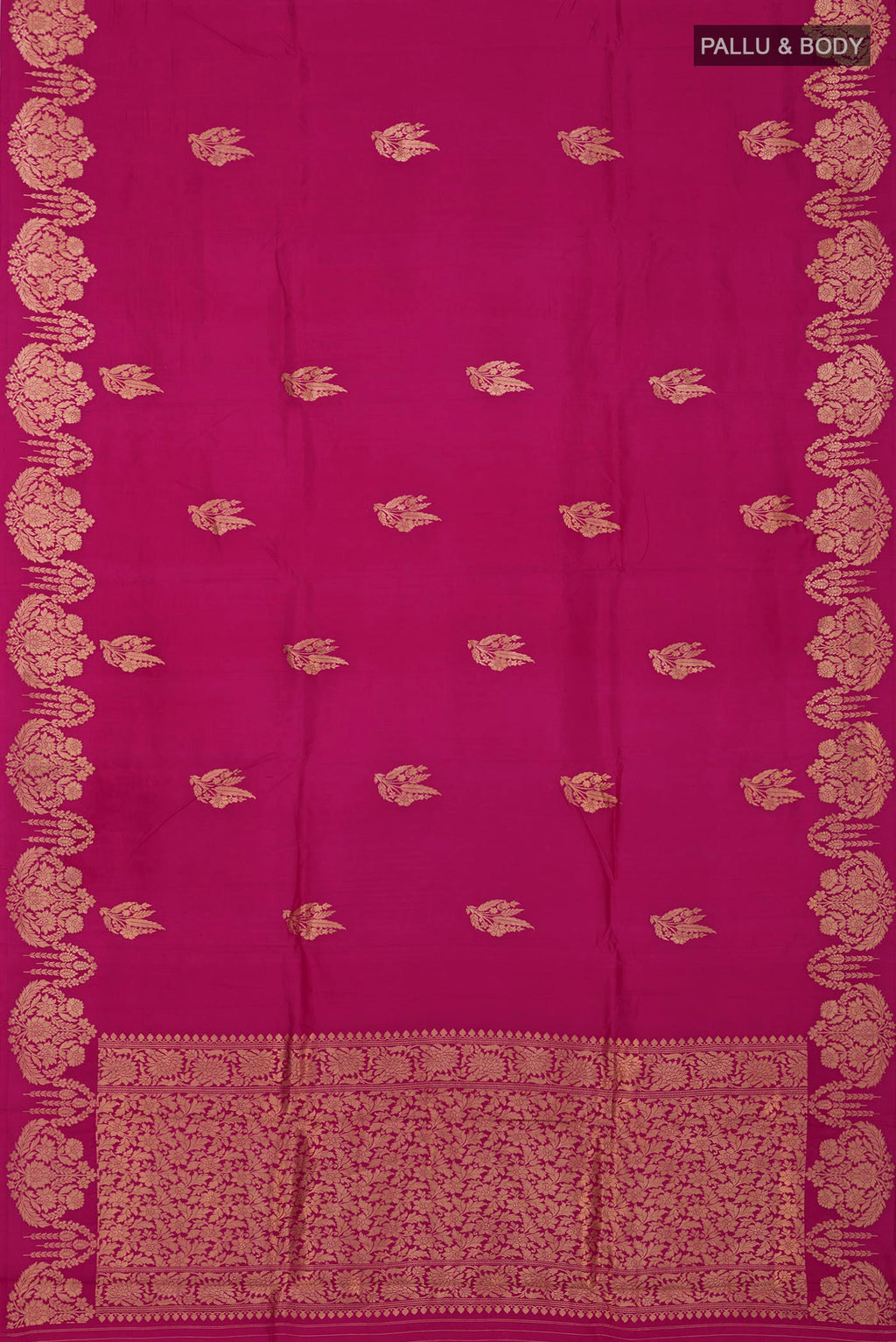 Flat view of Rani Pink Banarasi Katan Silk Saree with Zari Butta on the body and Fancy Border. 