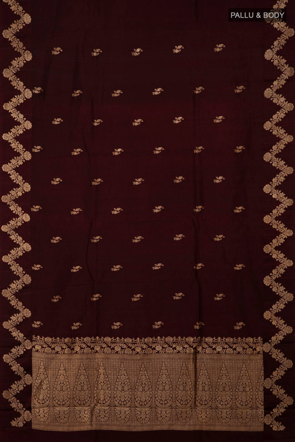 Flat view of Coffee Brown Banarasi Katan Silk Saree with Zari Butta on the body and Fancy Border. 