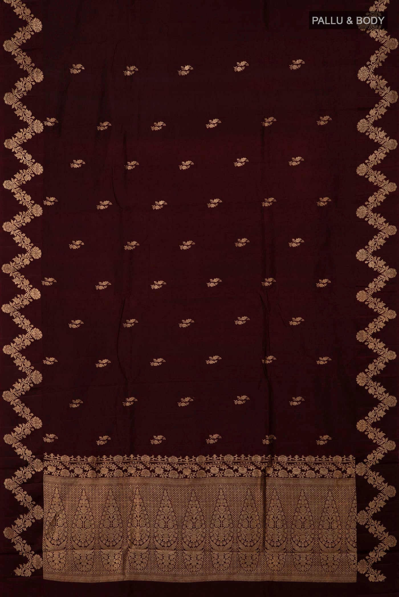 Flat view of Coffee Brown Banarasi Katan Silk Saree with Zari Butta on the body and Fancy Border. 