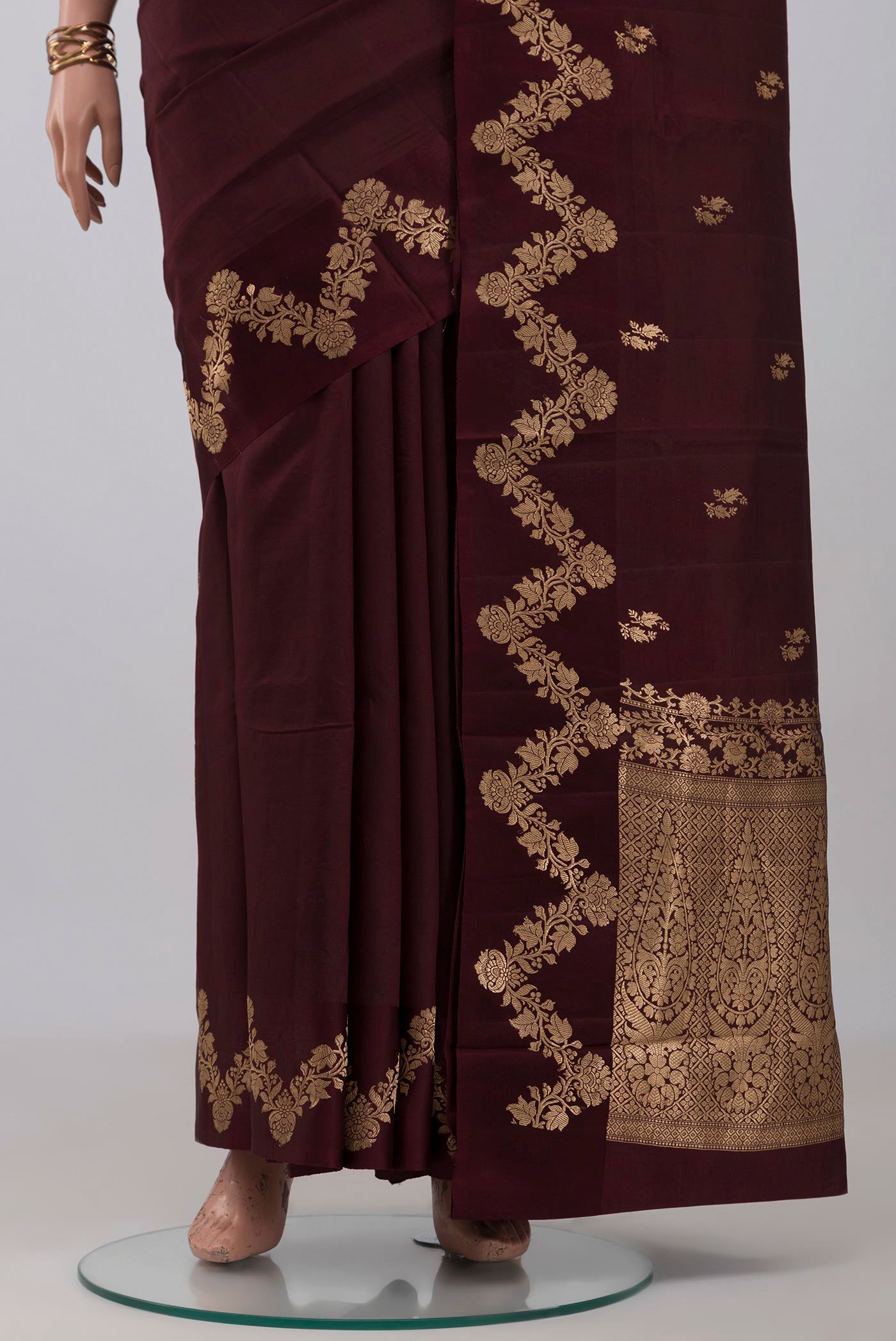 Pleats and pallu of Coffee Brown Banarasi Katan Silk Saree with Zari Butta on the body and Fancy Border. 